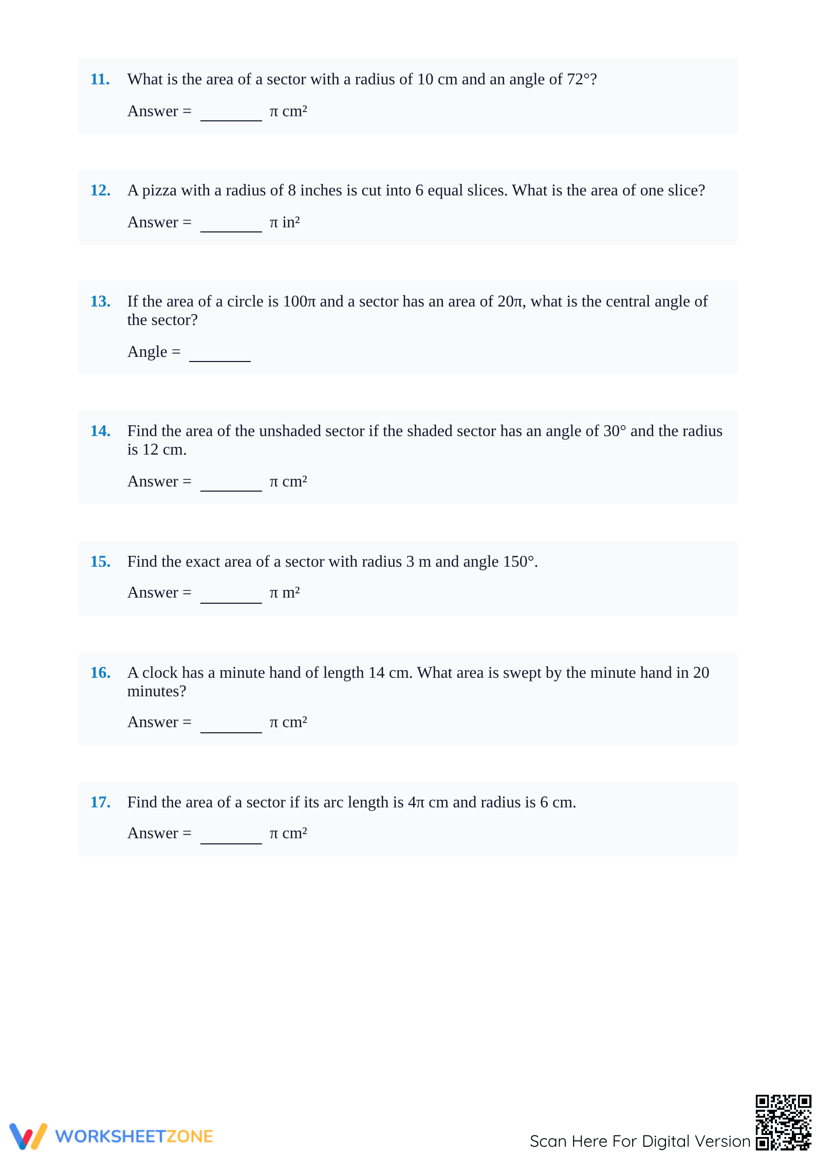 Printable Area of a Sector Worksheet | Grades 9-12 Geometry - Page 3