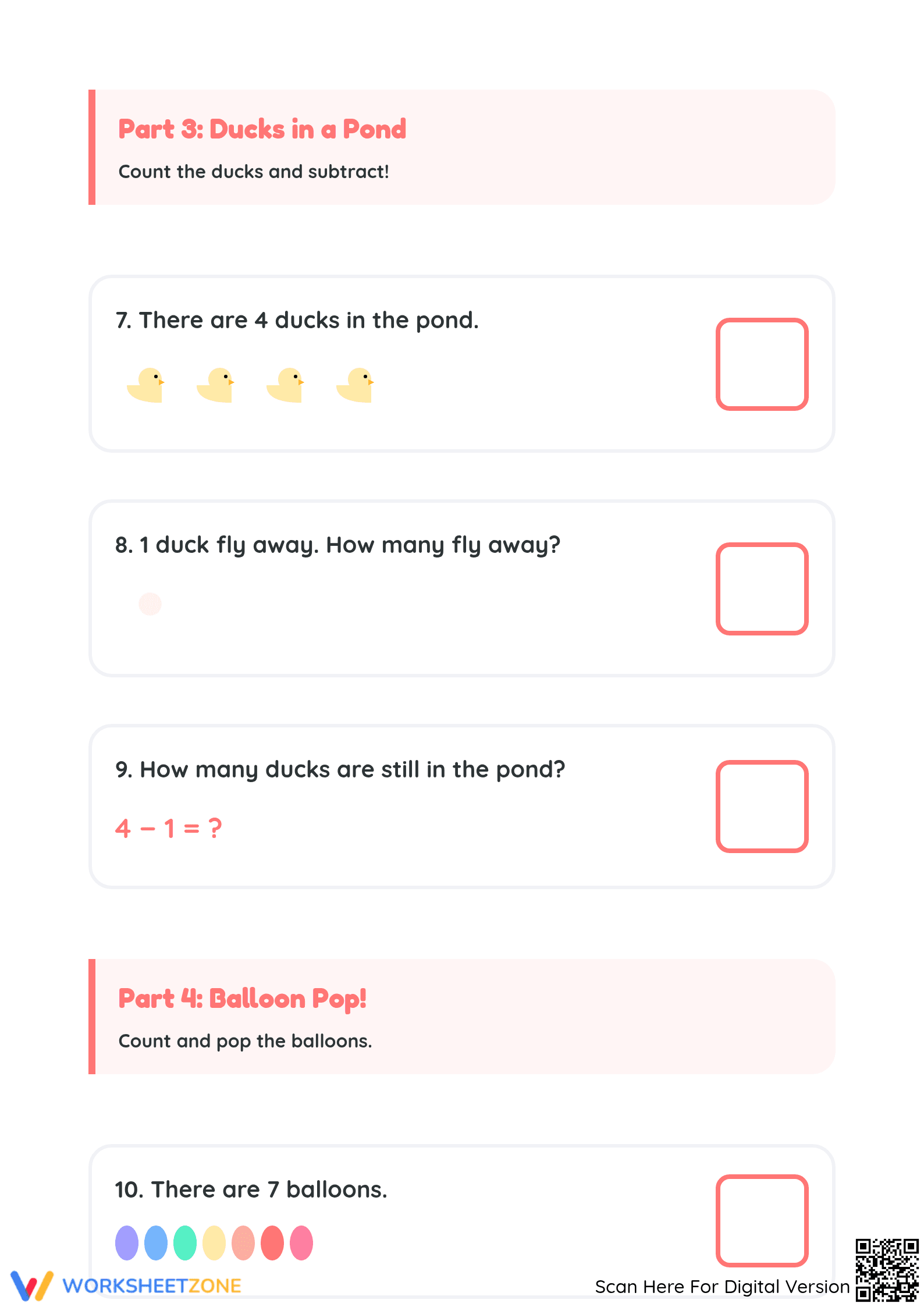 Kindergarten Subtraction — Printable No-Prep Worksheet - Page 3