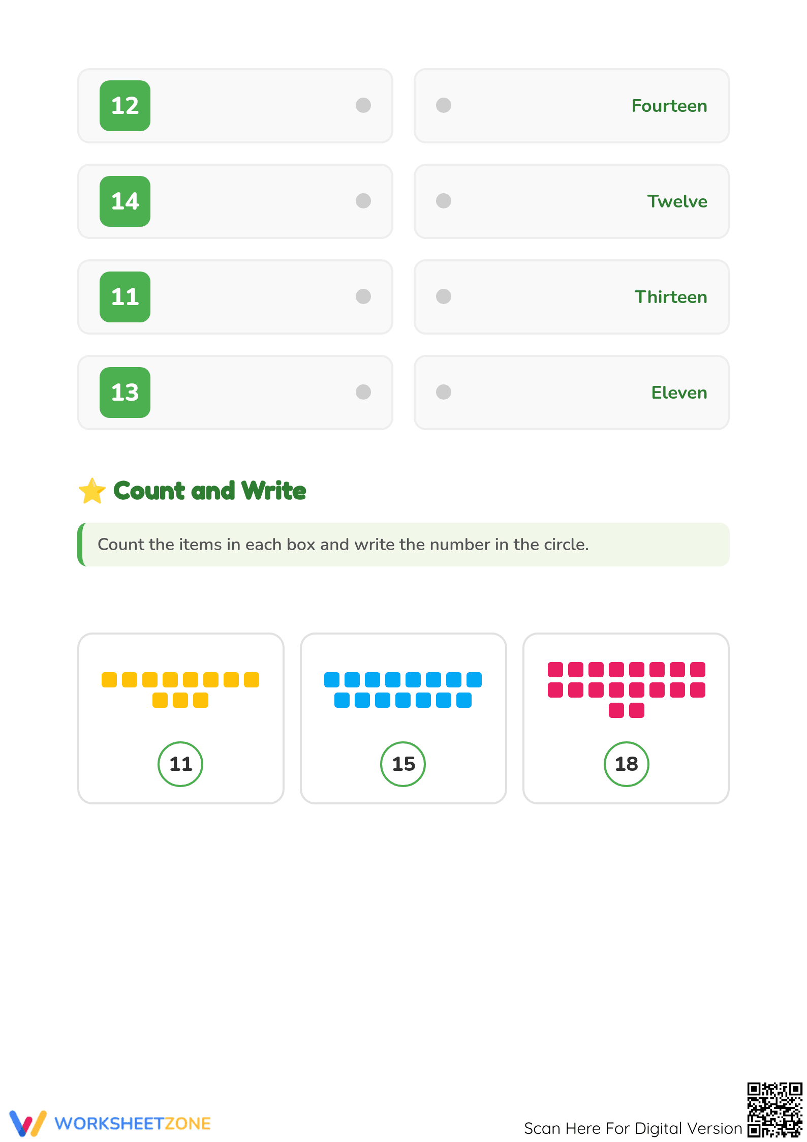 Numbers 11-20 Review: Printable Preschool Math Worksheet - Page 2