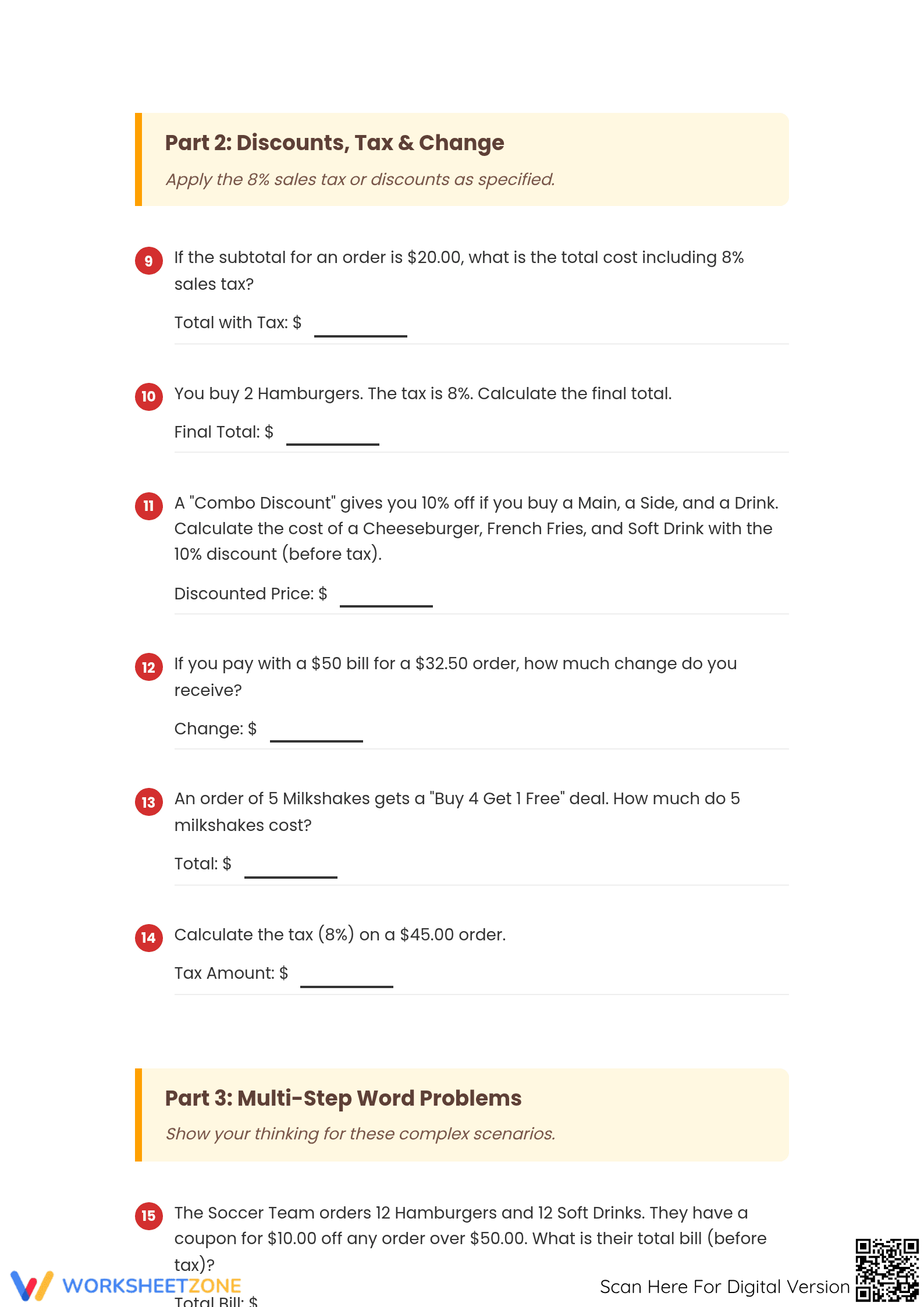 Printable Fast Food Math 2 Worksheet | Grades 5-8 Ready - Page 3