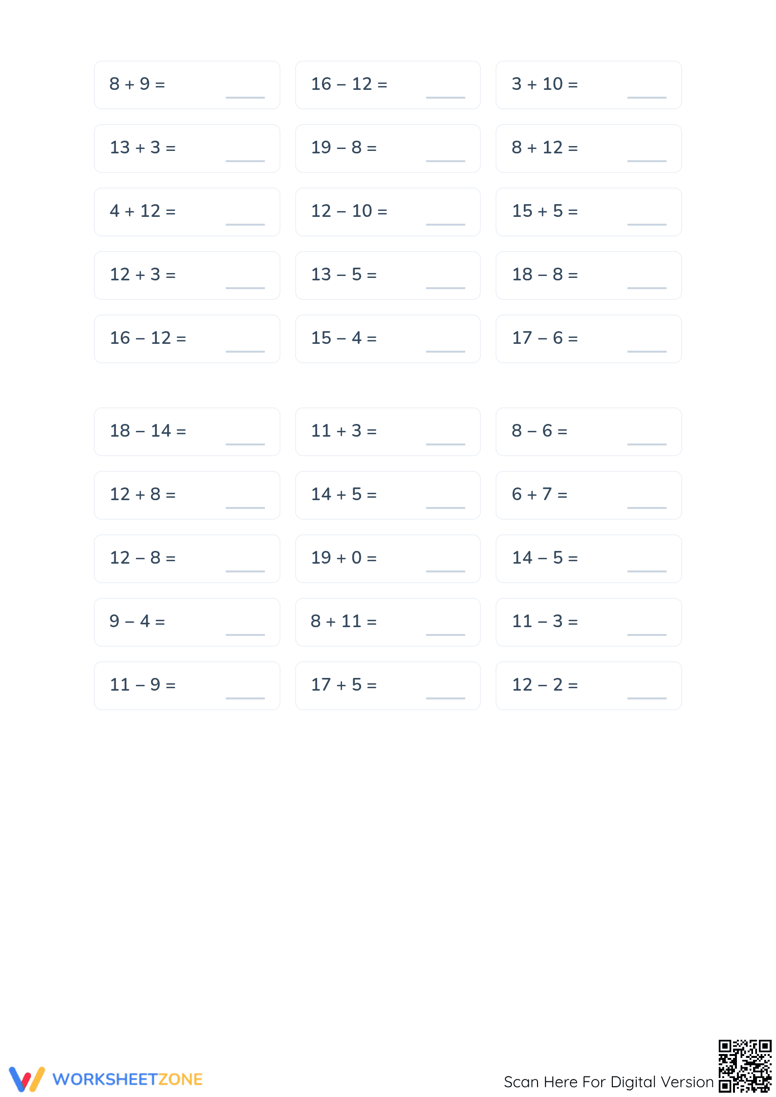 Printable Stage 5 Addition and Subtraction Facts Worksheet - Page 2