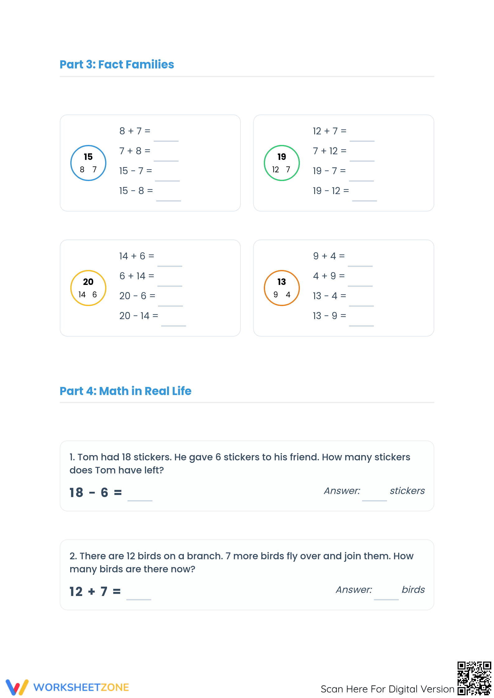 Printable Stage 5 Addition and Subtraction Facts Worksheet - Page 4