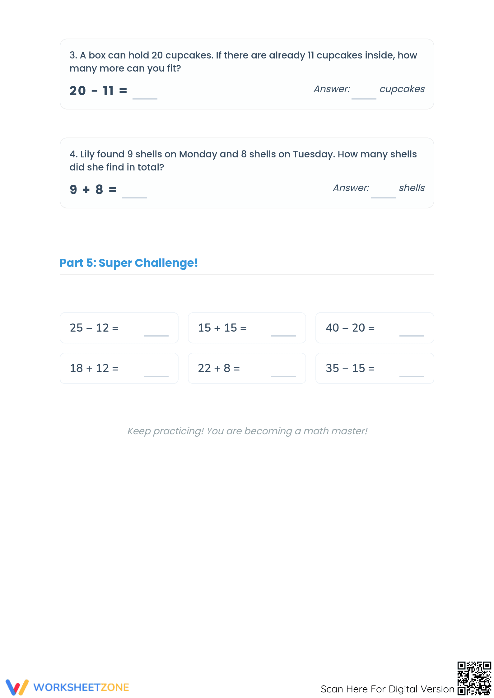 Printable Stage 5 Addition and Subtraction Facts Worksheet - Page 5