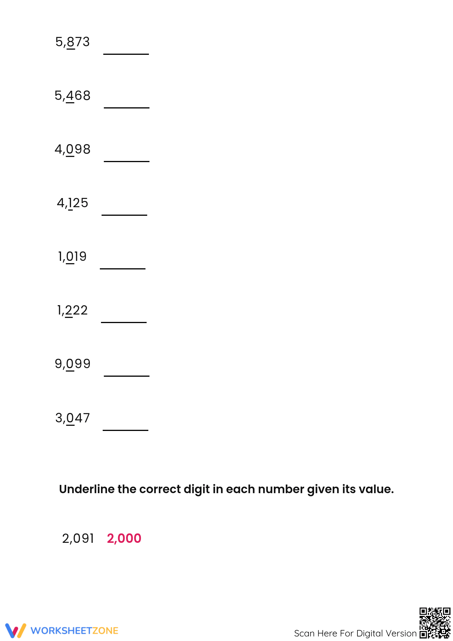 Essential Place Value Worksheet: Value of Underlined Digits - Page 2