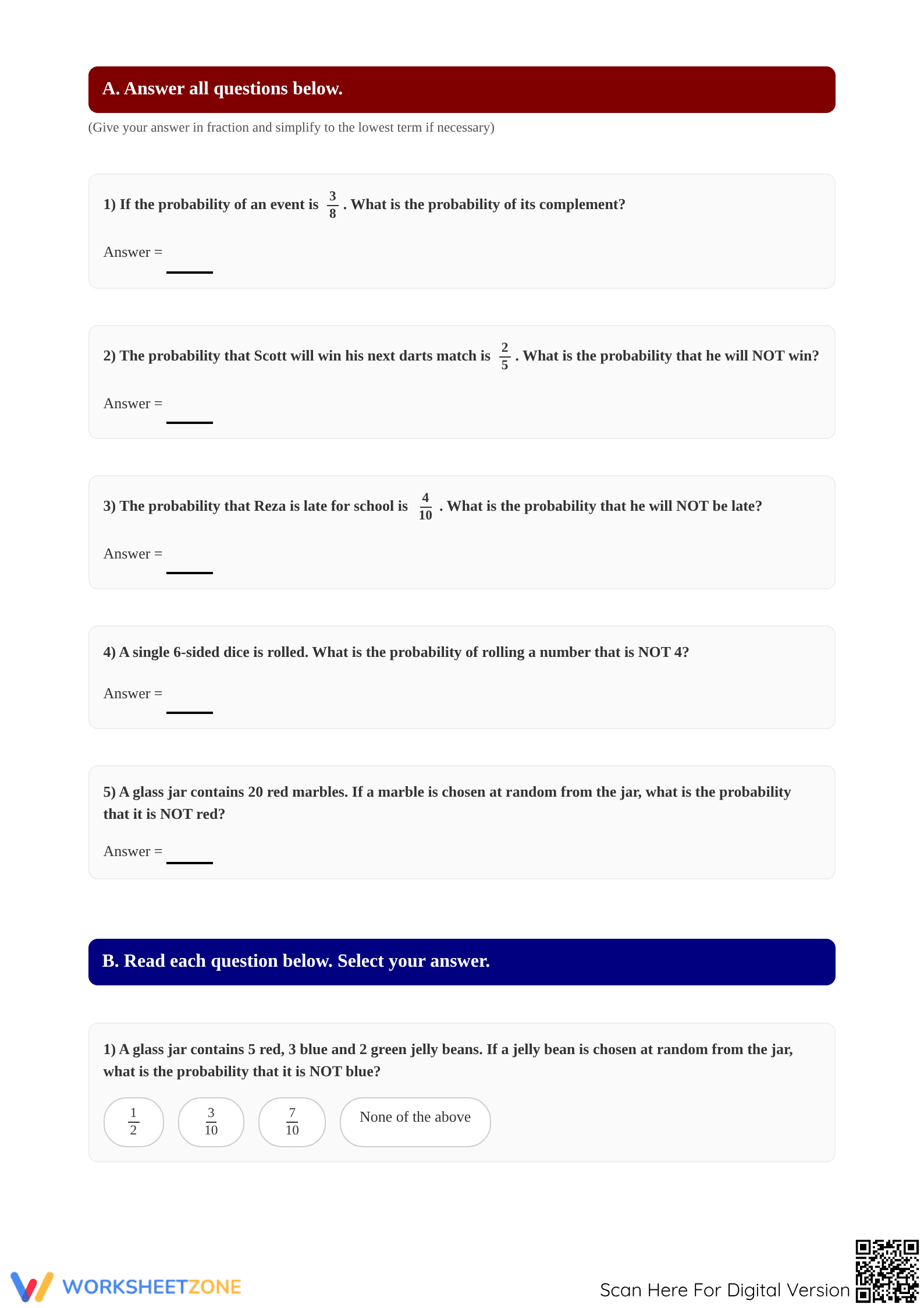 Essential Probability: The Complementary Event Worksheet - Page 2