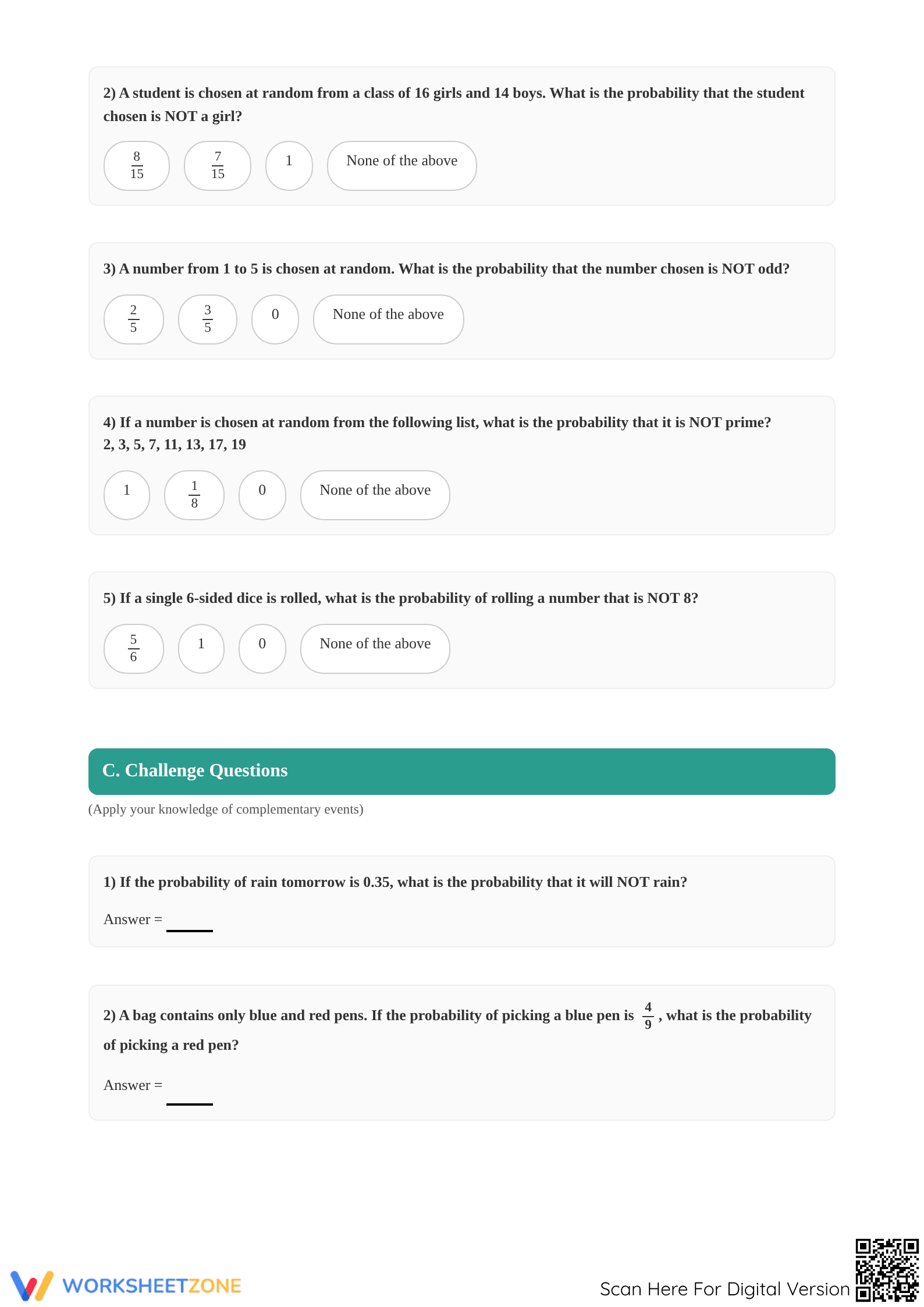 Essential Probability: The Complementary Event Worksheet - Page 3