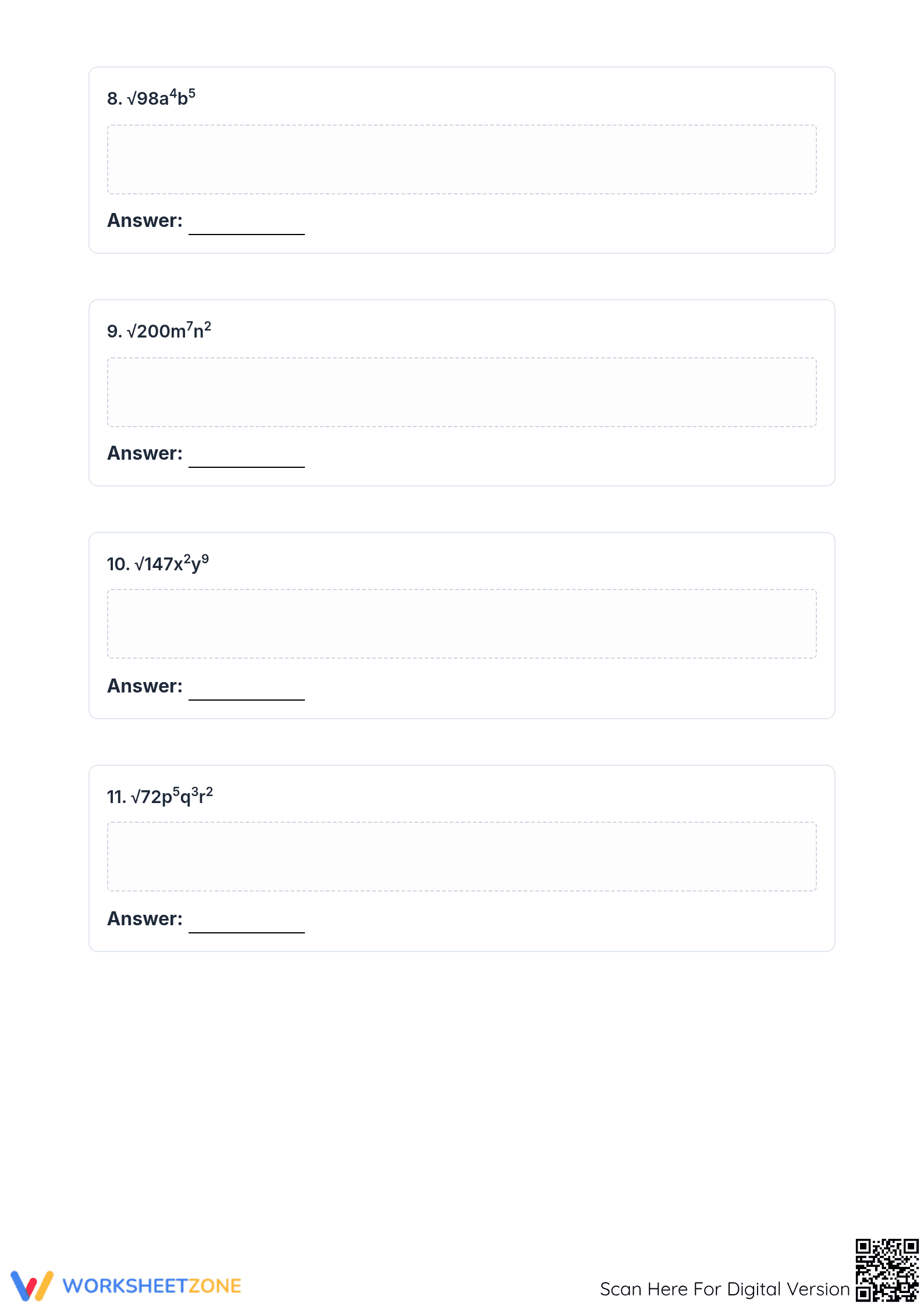 Essential Simplify Radicals Worksheet | Grade 9-12 Math - Page 3