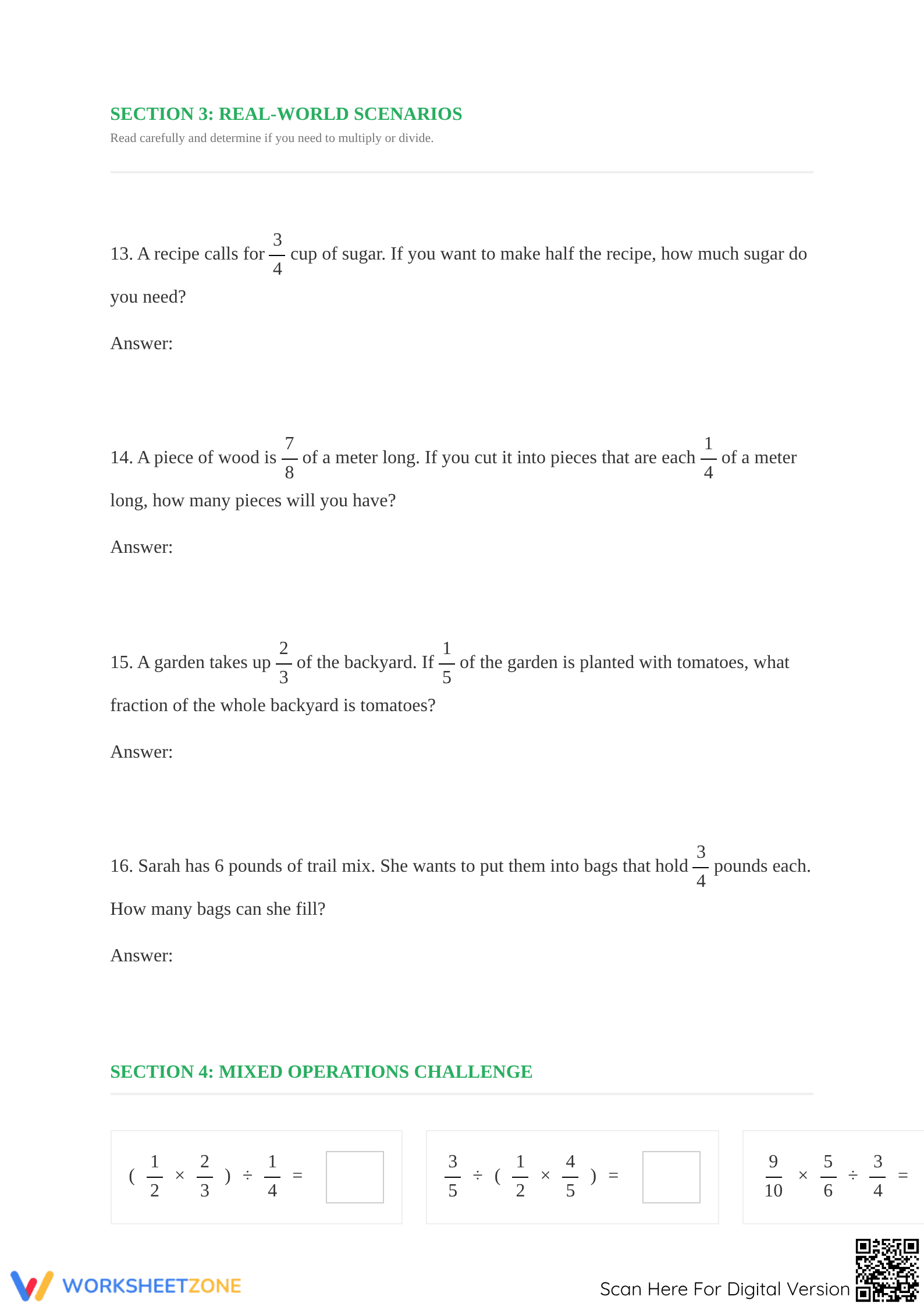 Printable Grade 7 Multiplication and Division of Fractions - Page 2
