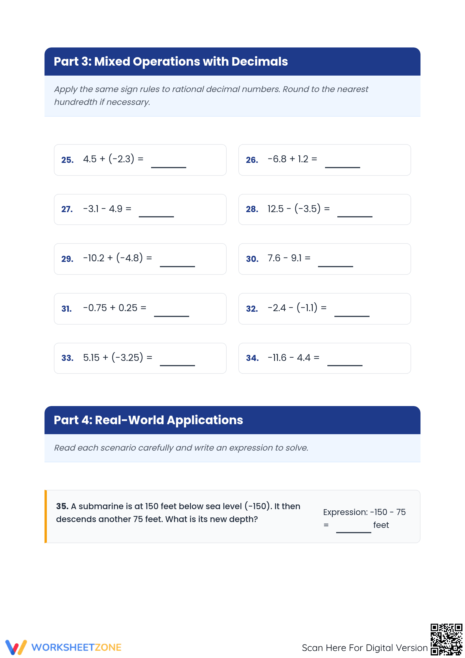Adding and Subtracting Rational Numbers Printable Worksheet - Page 3