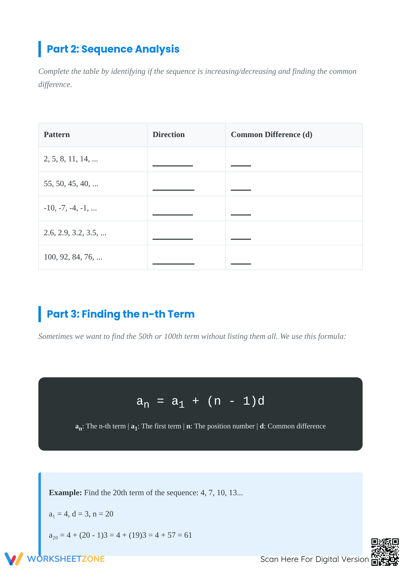 Arithmetic Sequences Worksheet | Essential Grade 8-10 Math - Page 3