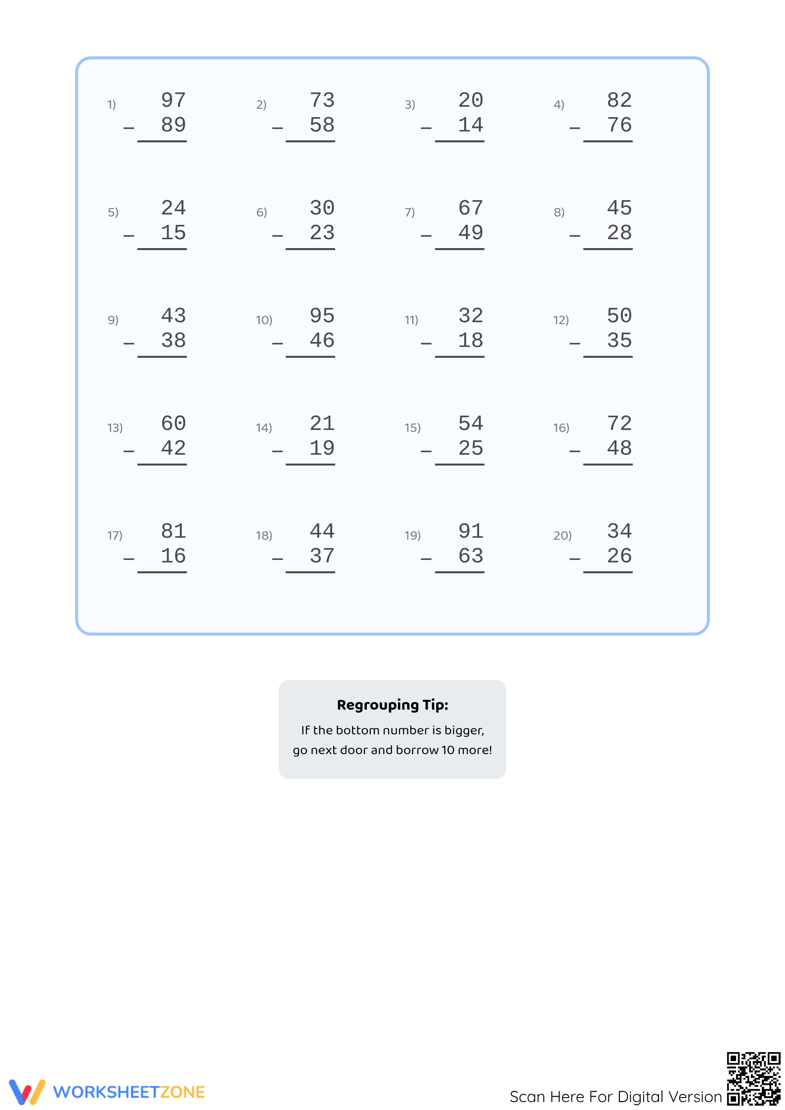 Printable 2-Digit Subtraction with Regrouping Worksheet - Page 2