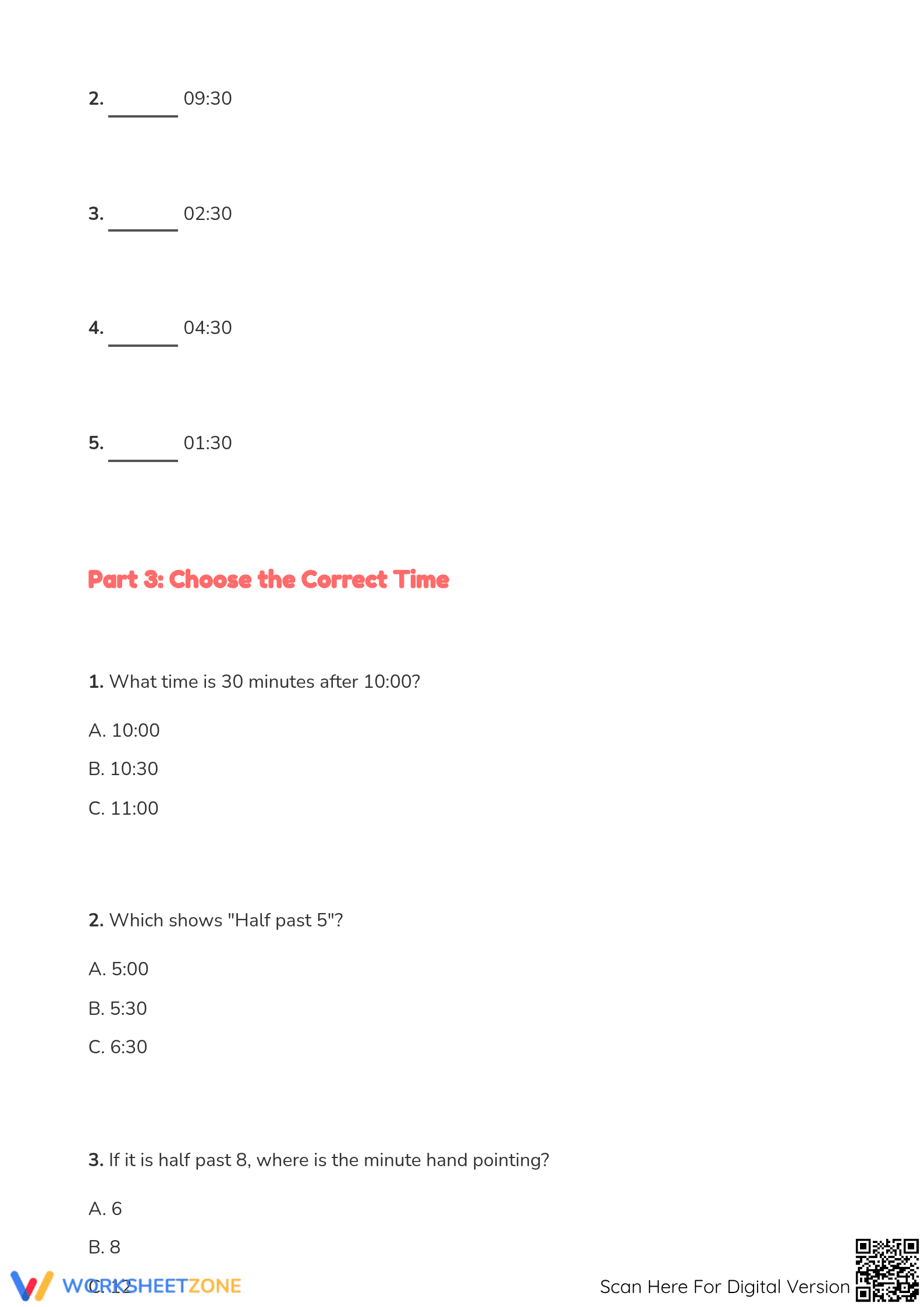 Half Past Time Worksheet | Printable Grade 1 Math - Page 3