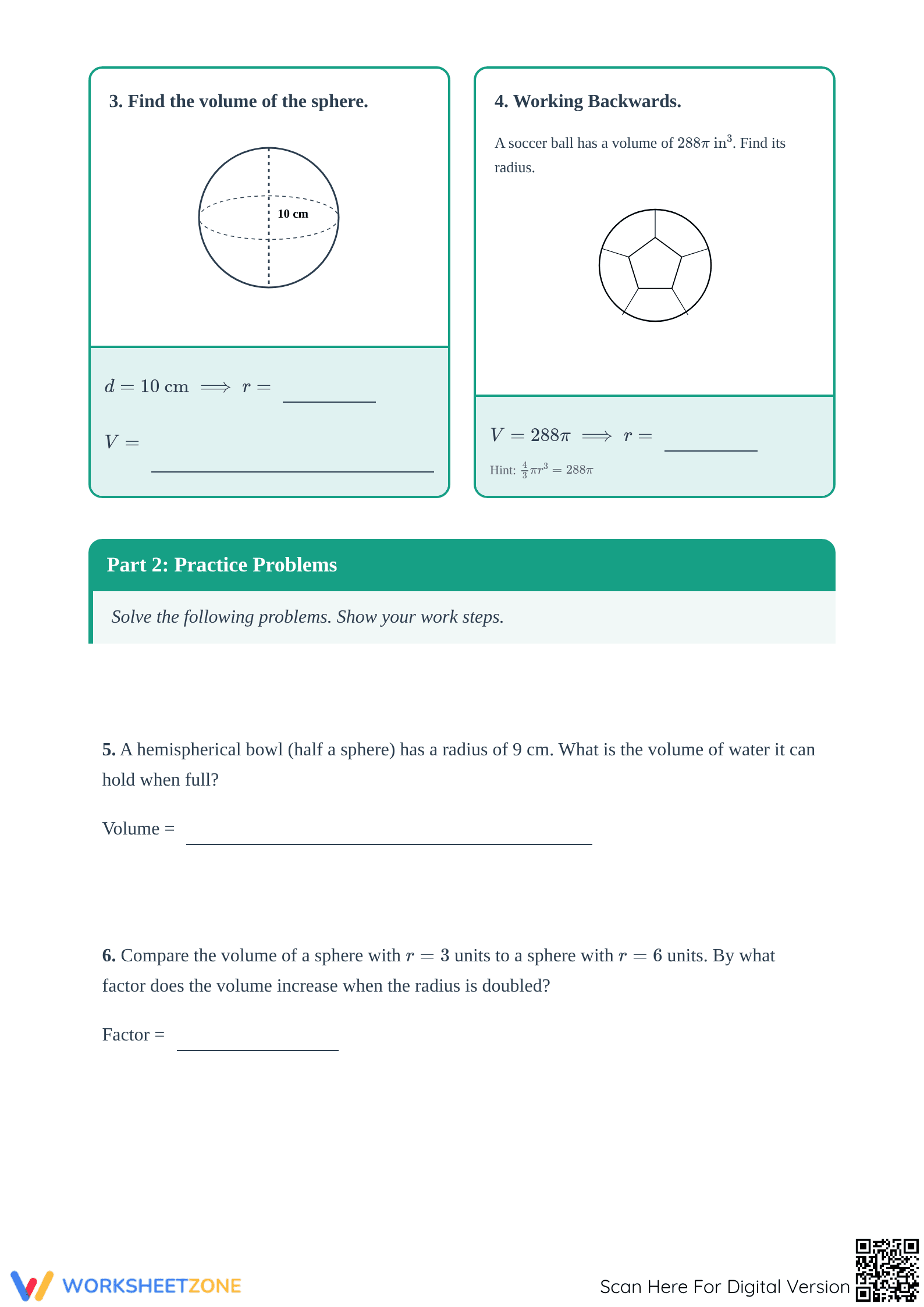 Printable Volume of Spheres Worksheet | Grade 8 Math - Page 2