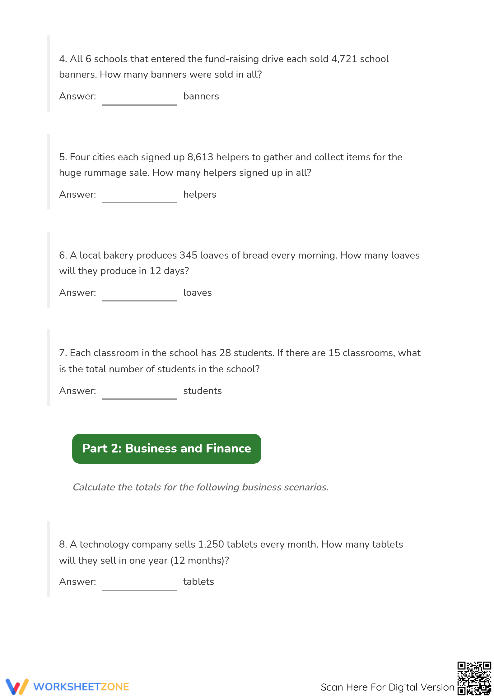 Grade 5 Multiplication Word Problems - Printable Worksheet - Page 2