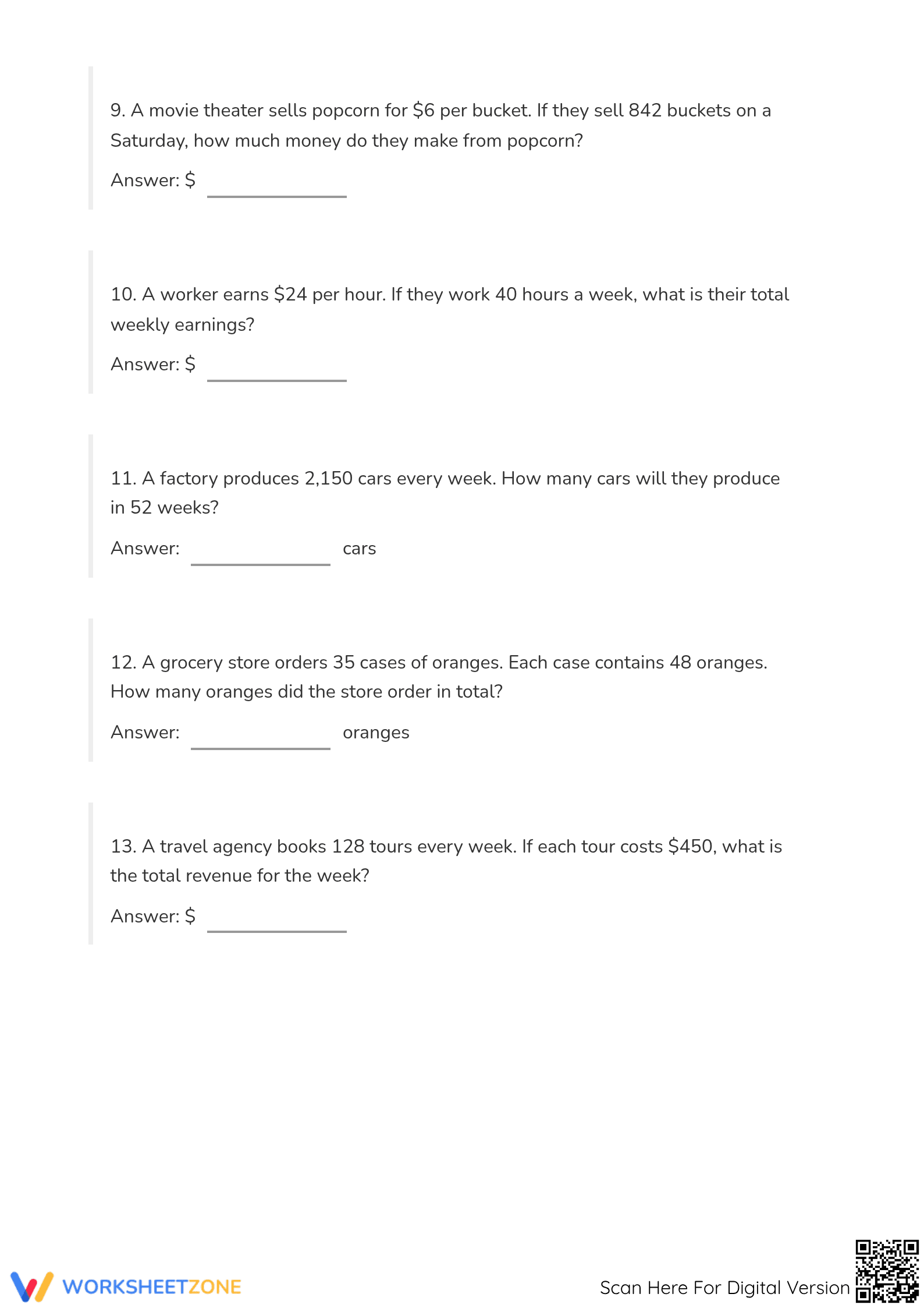 Grade 5 Multiplication Word Problems - Printable Worksheet - Page 3