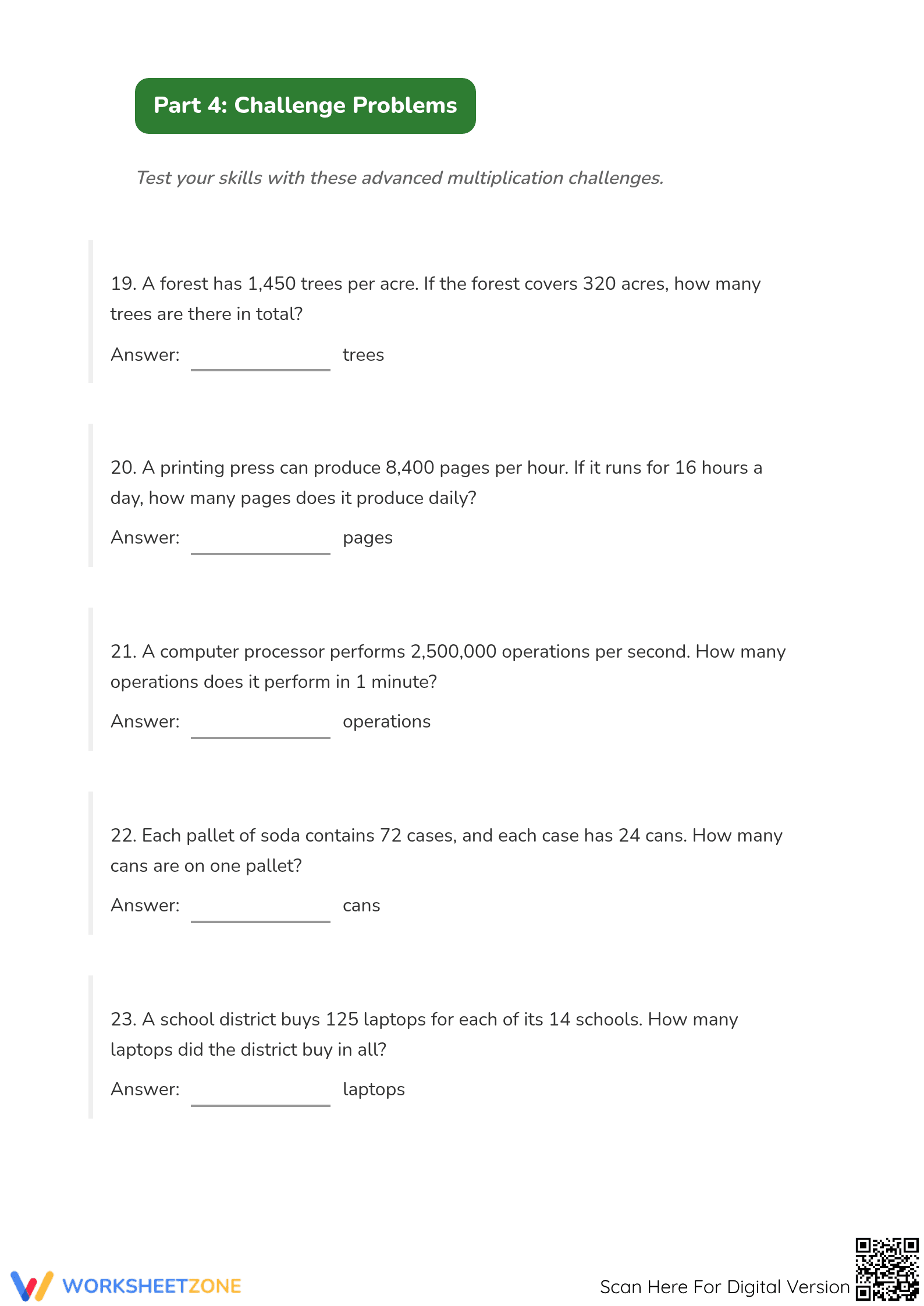 Grade 5 Multiplication Word Problems - Printable Worksheet - Page 5
