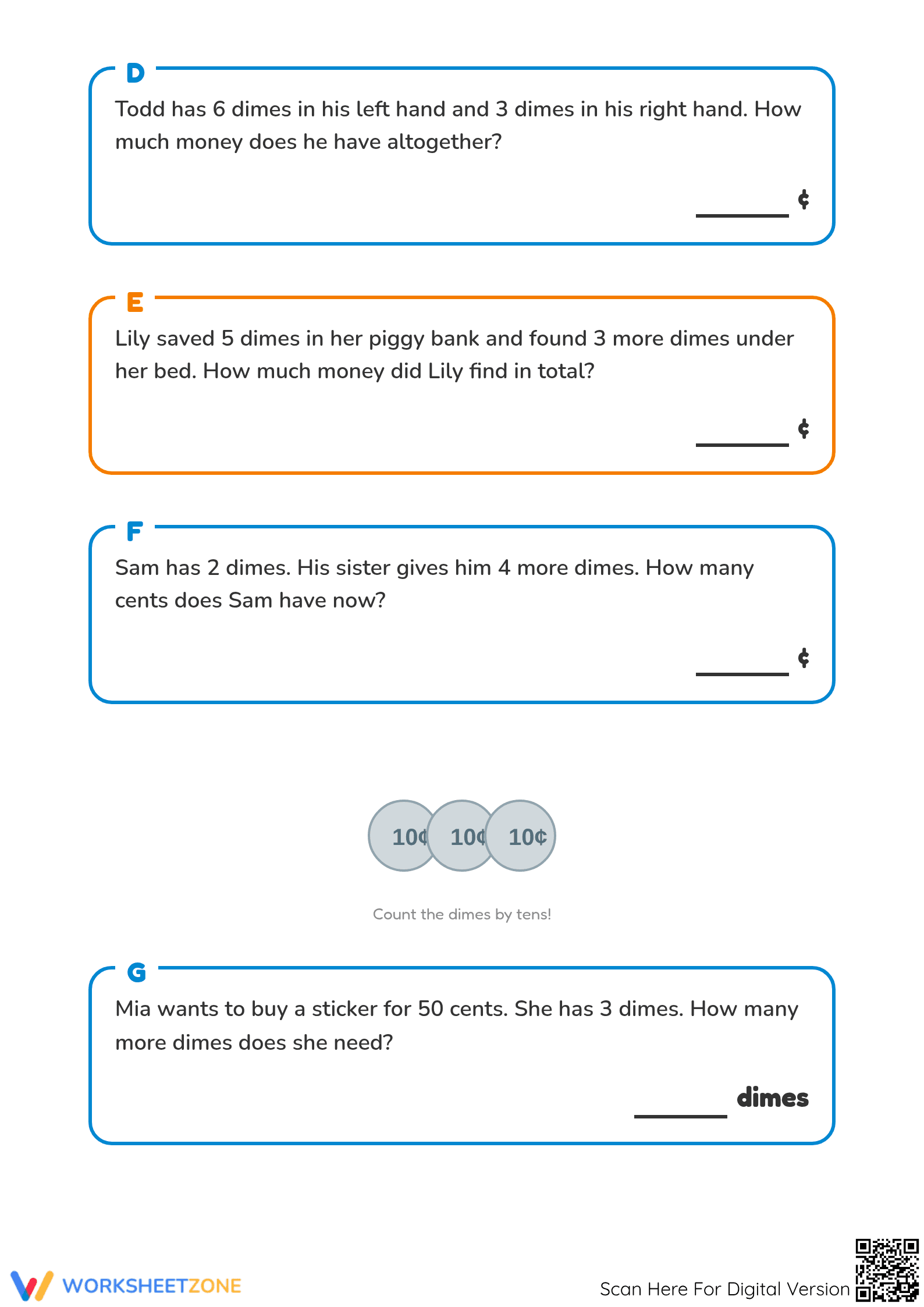 Printable Counting Ten Cent Coins Worksheet | Grade 1 Math - Page 2