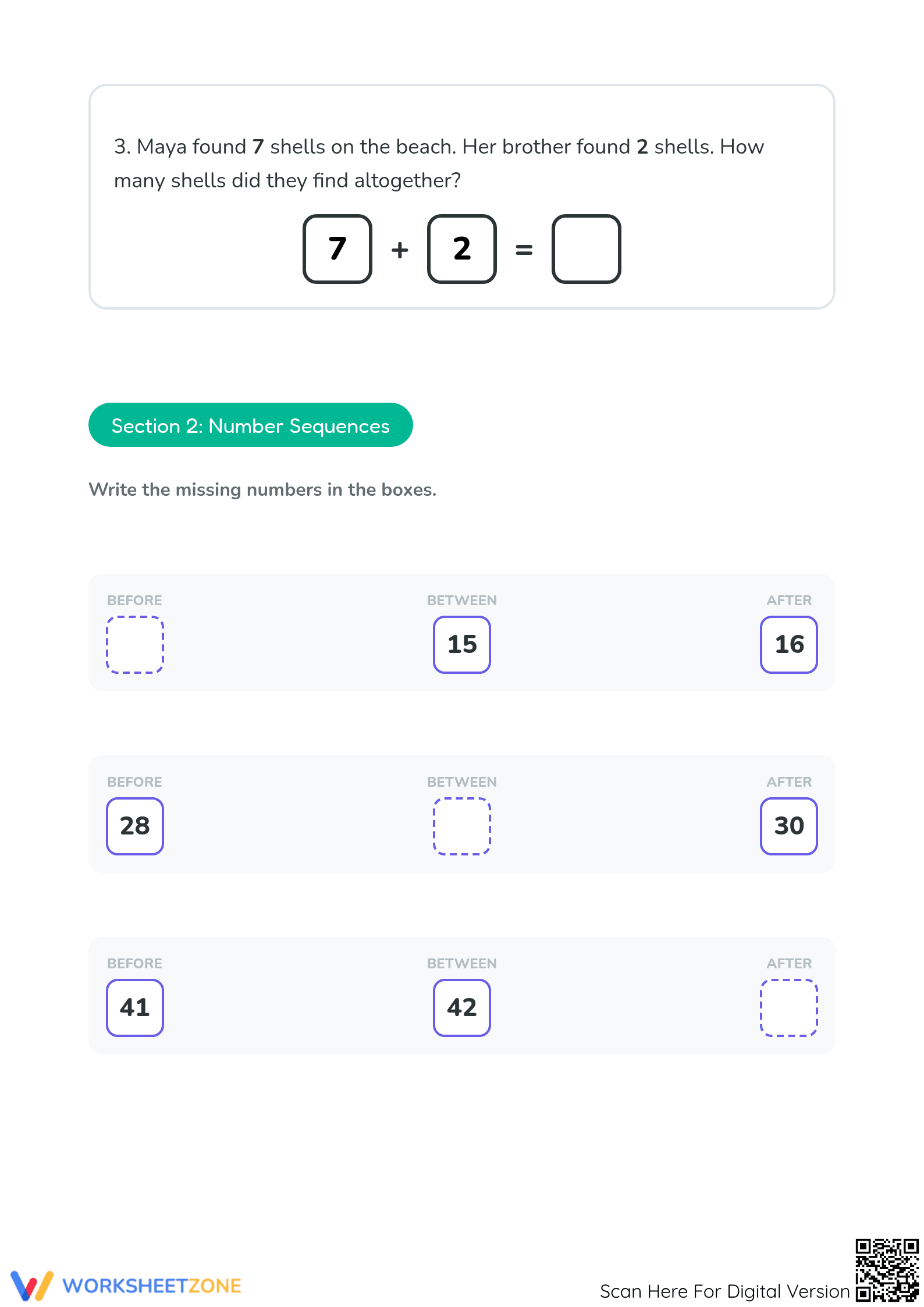 Printable Addition Word Problems & Number Sequences Grade 1 - Page 2