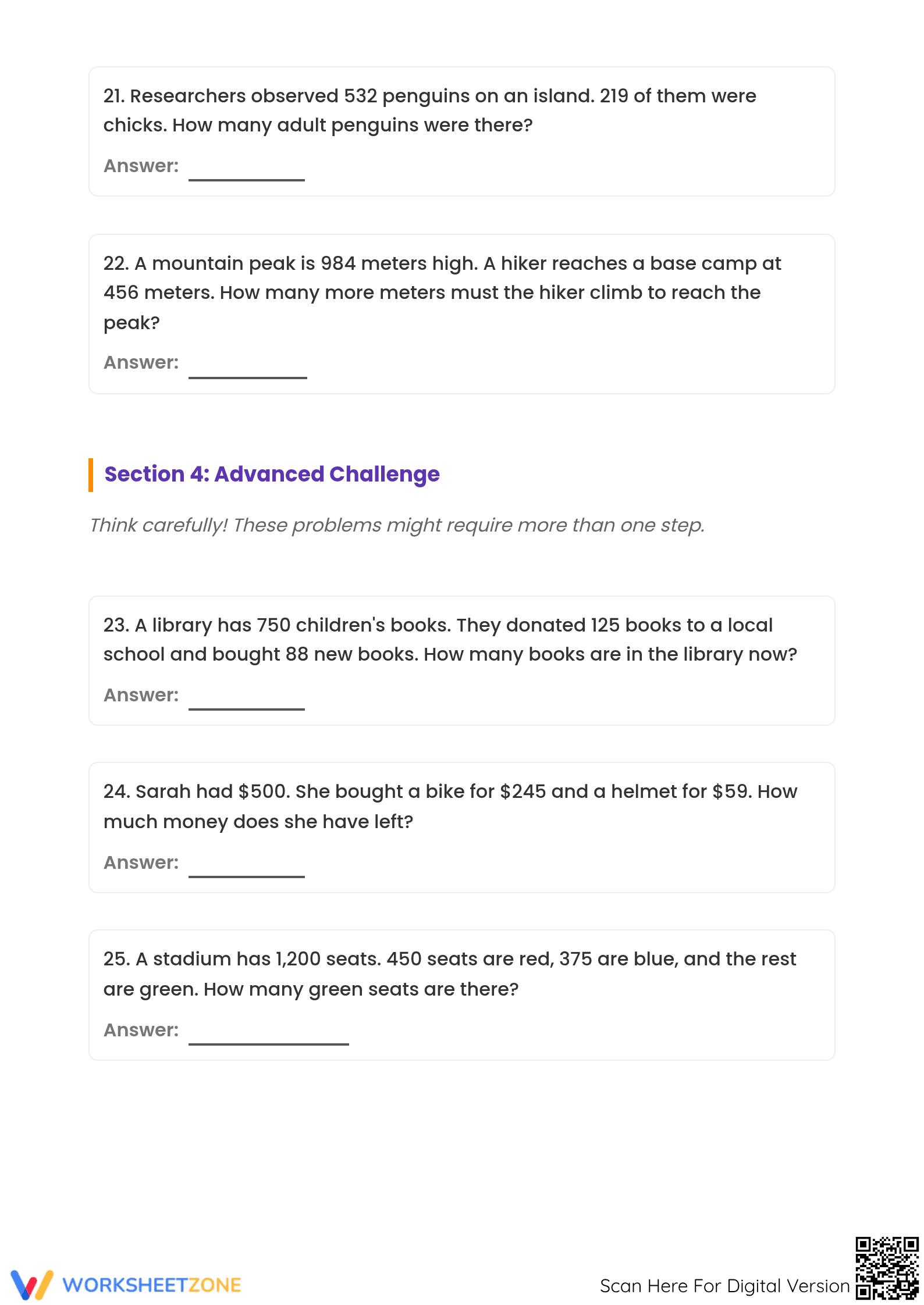 Printable Add and Subtract Word Problems: Grade 4 Aligned - Page 5