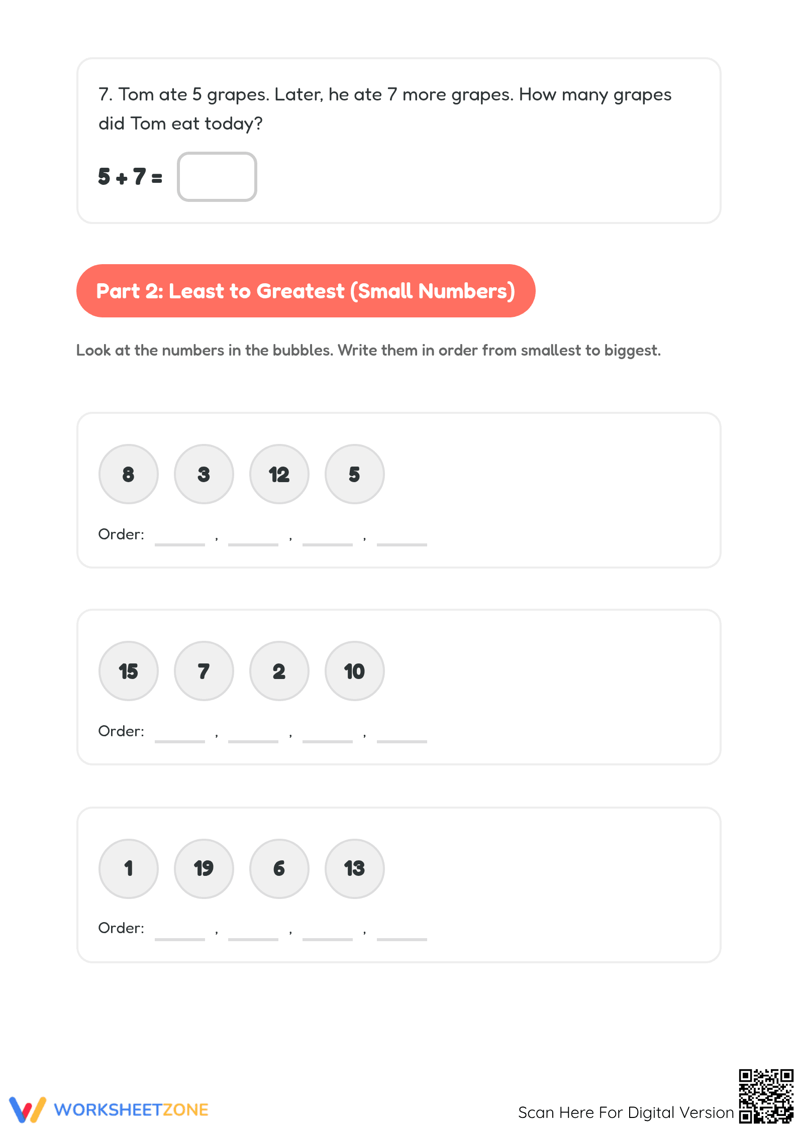 Printable Addition Word Problems & Ordering Numbers Grade 1 - Page 3