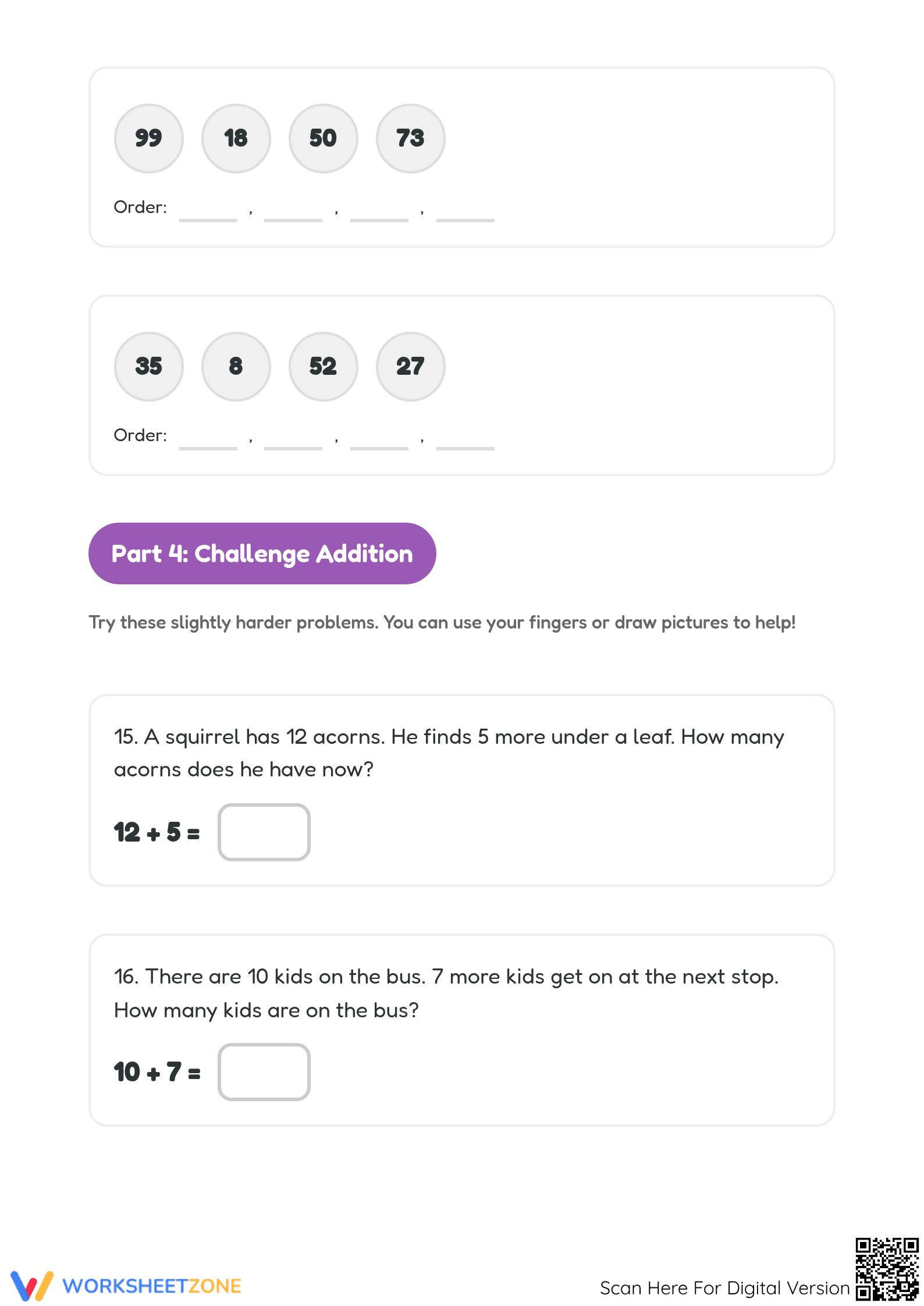 Printable Addition Word Problems & Ordering Numbers Grade 1 - Page 5