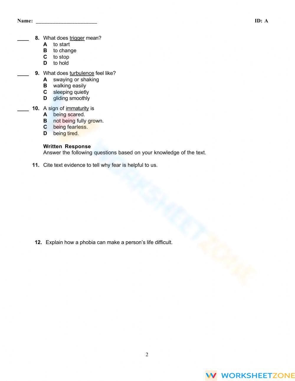 Fears and Phobias Worksheet | Grade 6 Printable Reading - Page 2