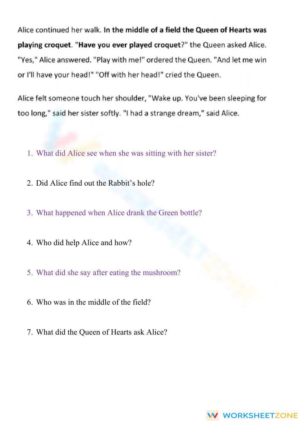 Alice in Wonderland Reading Comprehension Worksheet - Page 2