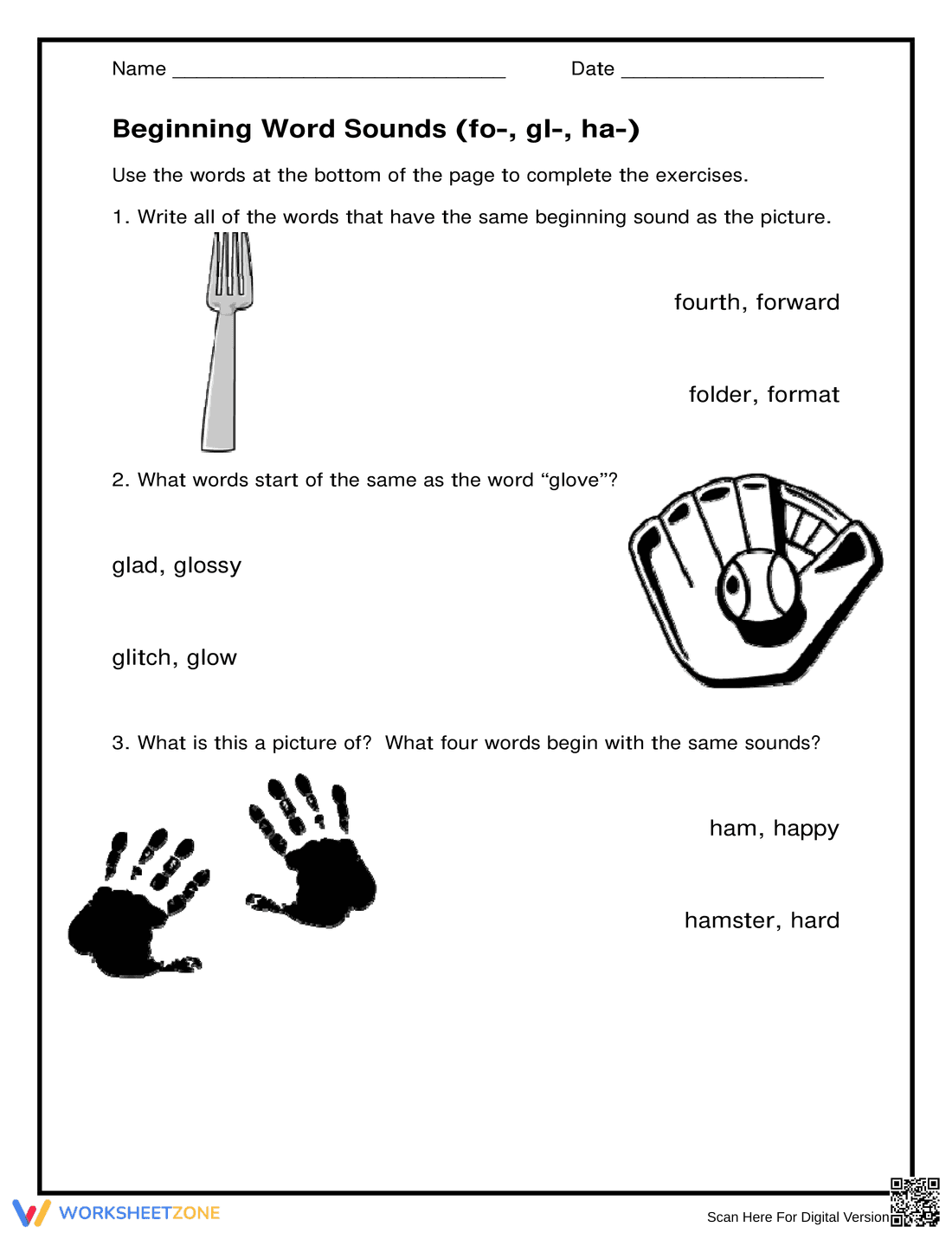 Essential Beginning Word Sounds (fo-, gl-, ha-) Worksheet - Page 2