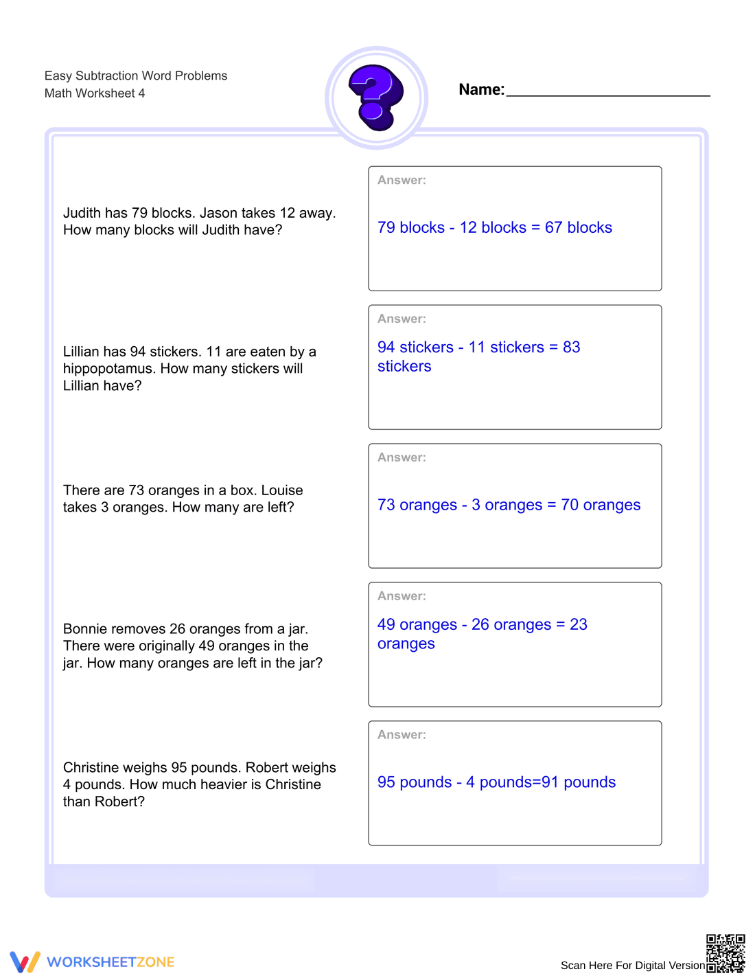 Easy Subtraction Word Problems Worksheet for Kids - Page 2