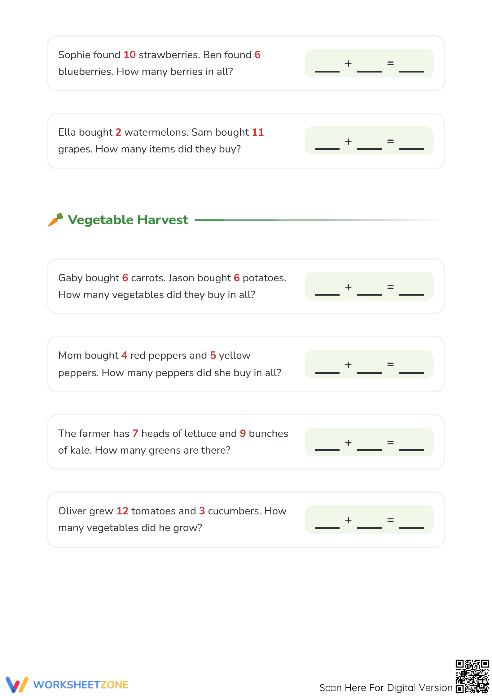Printable Farmer's Market Addition Word Problems — Grade 1 - Page 2