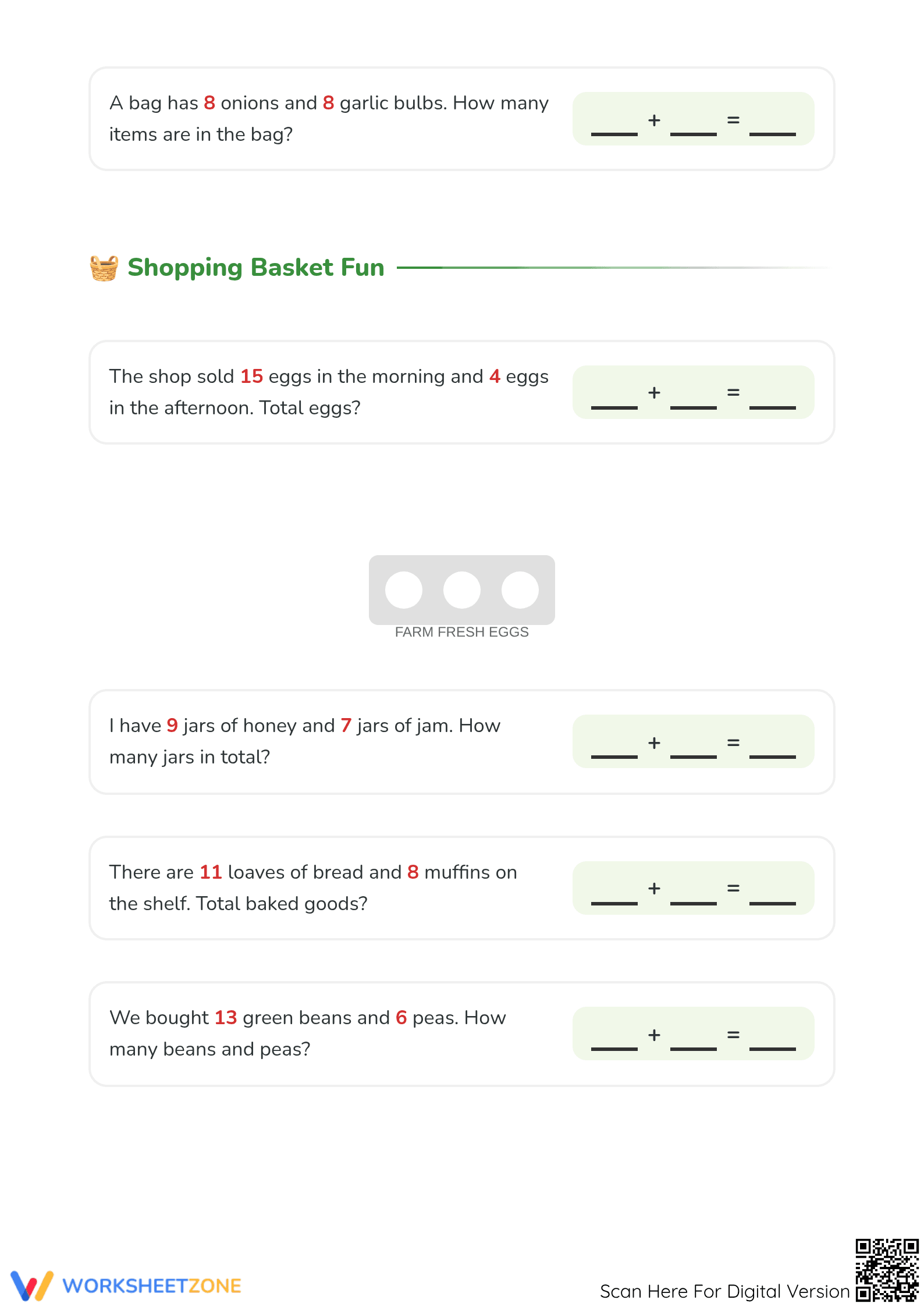 Printable Farmer's Market Addition Word Problems — Grade 1 - Page 3