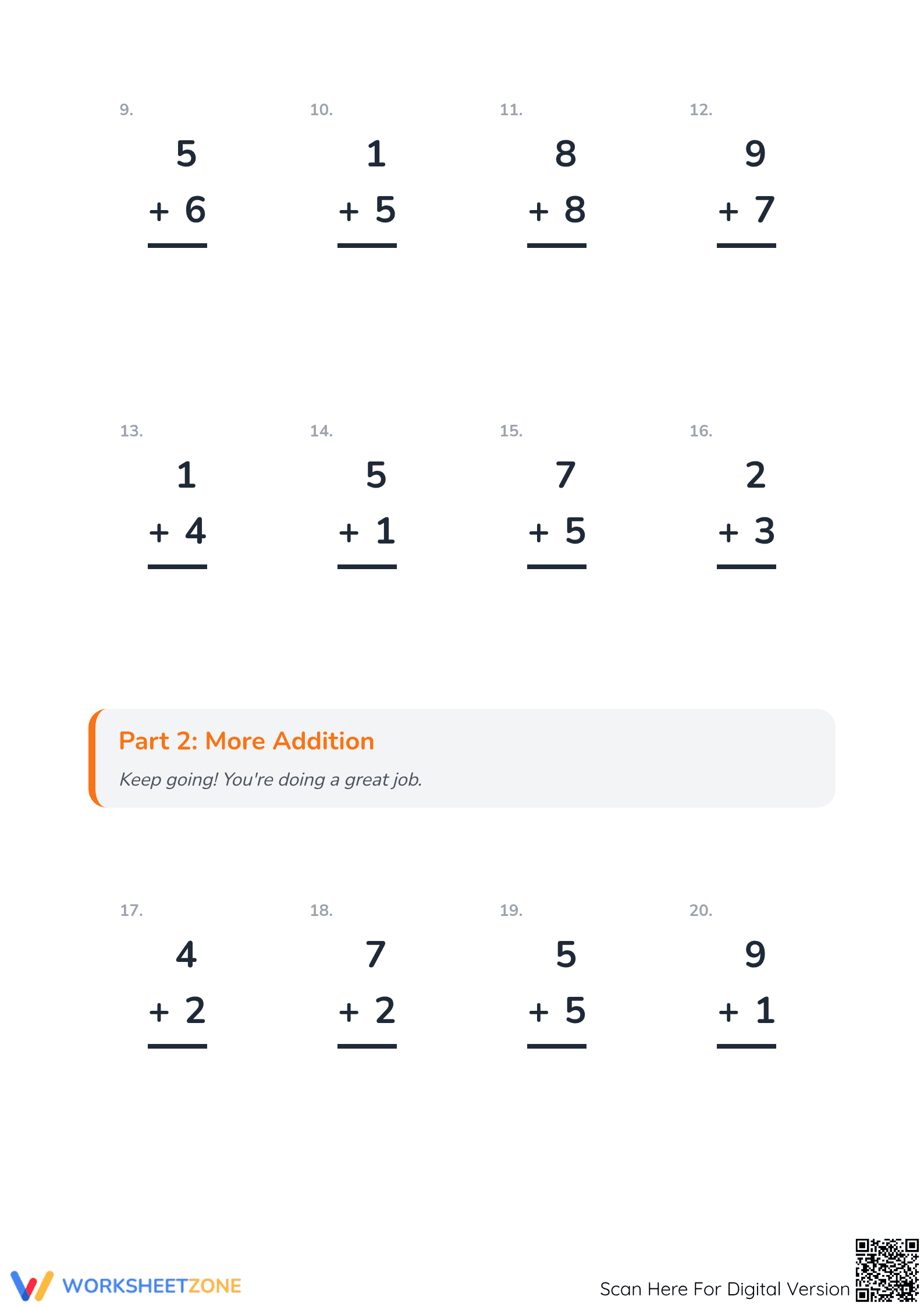 Printable Single Digit Addition Worksheet | Grade 1 Aligned - Page 2