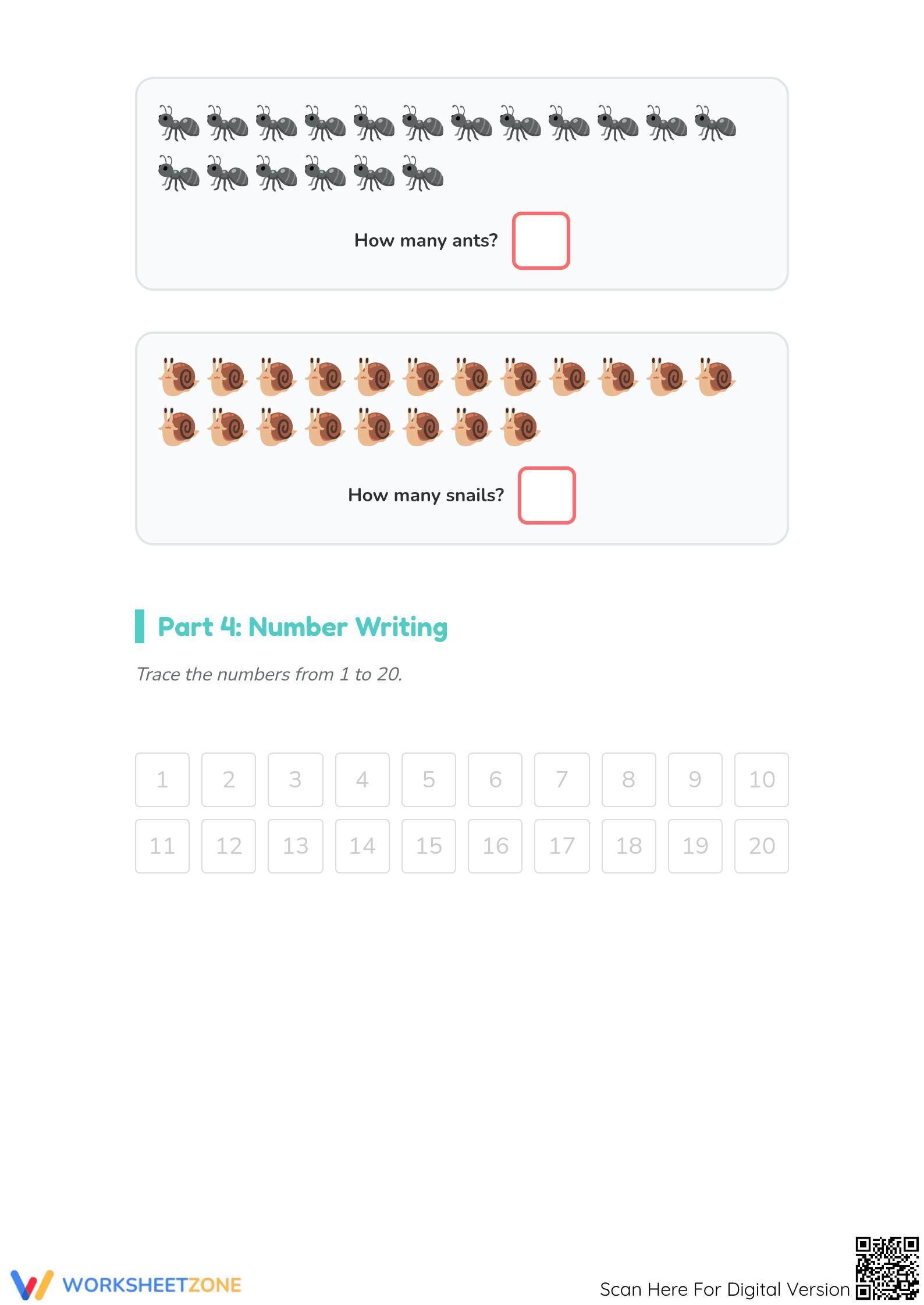 Printable Counting 1-20 Animals Worksheet | Kindergarten - Page 4
