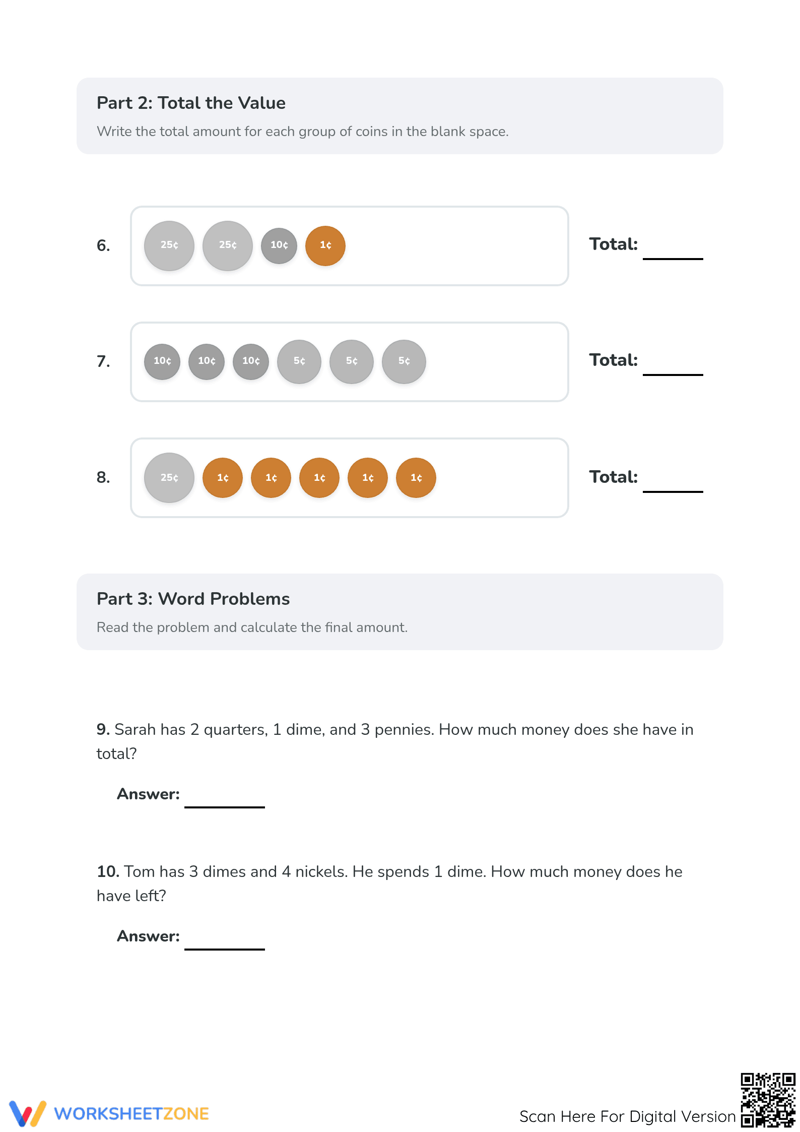 Printable Counting Coins & Money Word Problems | Grade 2 - Page 2
