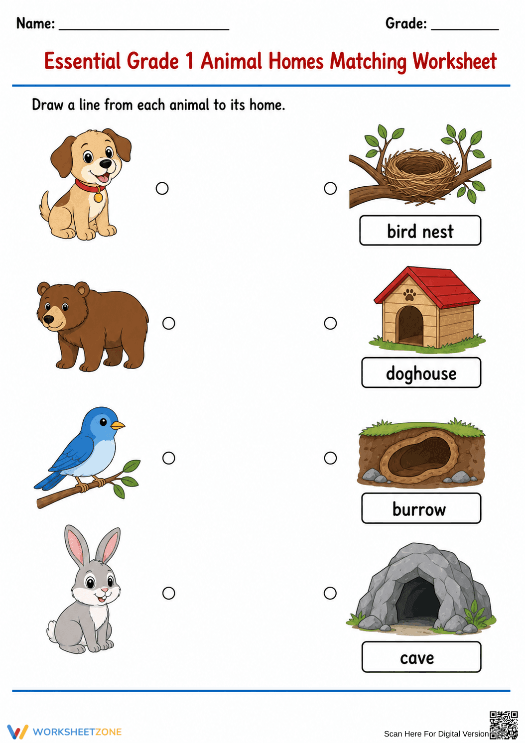 Essential Grade 1 Animal Homes Matching Worksheet - Page 2