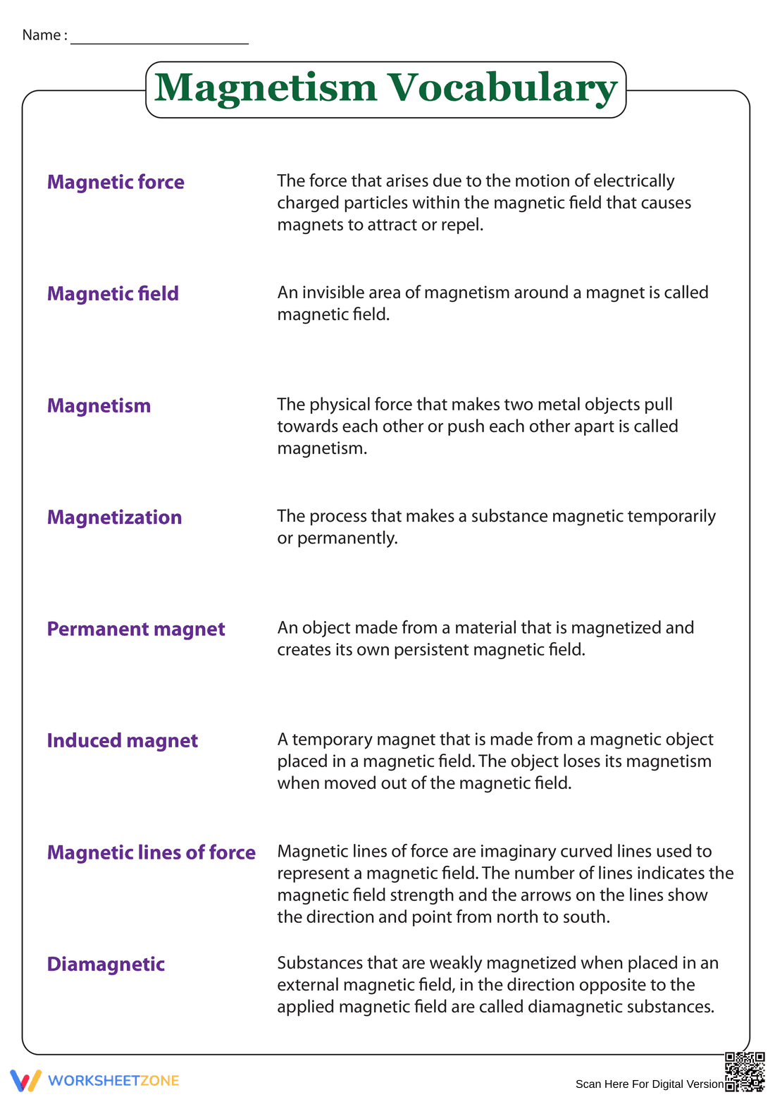 Printable Magnetism Vocabulary Sheet | Grades 3-4 Science - Page 2