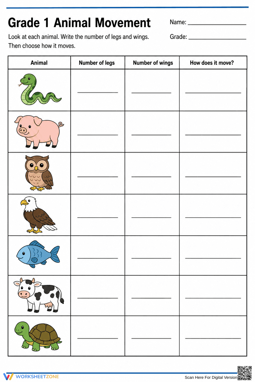 Printable Animal Movement Worksheet | Grade 1 Science - Page 2