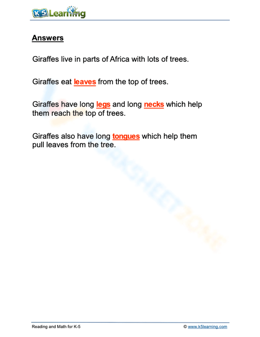 Essential Grade 1 Giraffe Adaptations Worksheet - Page 2