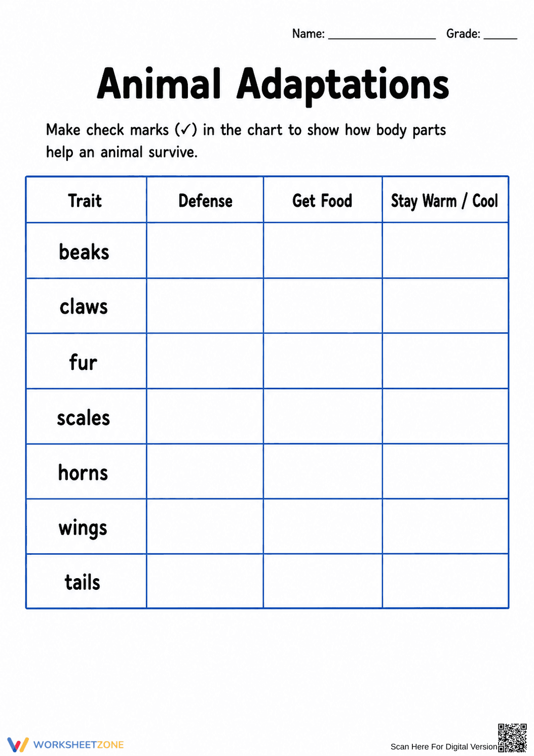 Grade 1 Animal Adaptations — Printable No-Prep Worksheet - Page 2