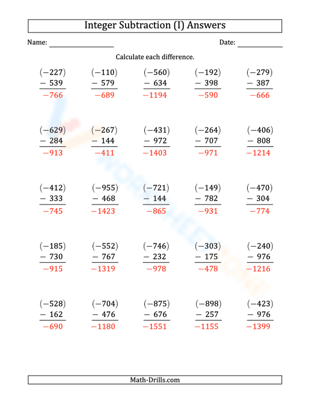 Negative from Positive Subtraction Skills - Page 2