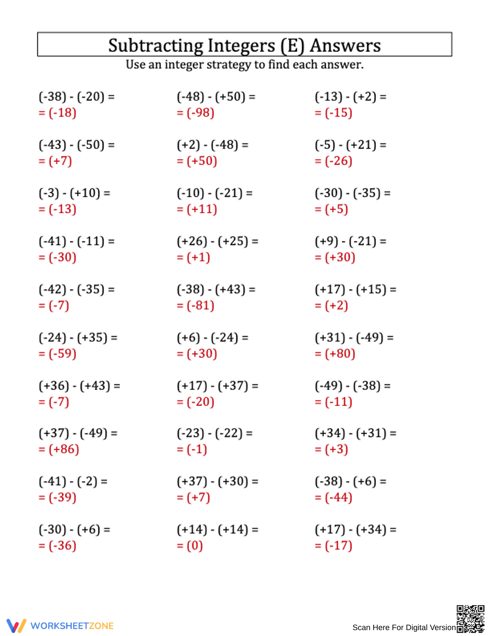 Integer Subtraction with Parentheses: -50 to 50 - Page 2