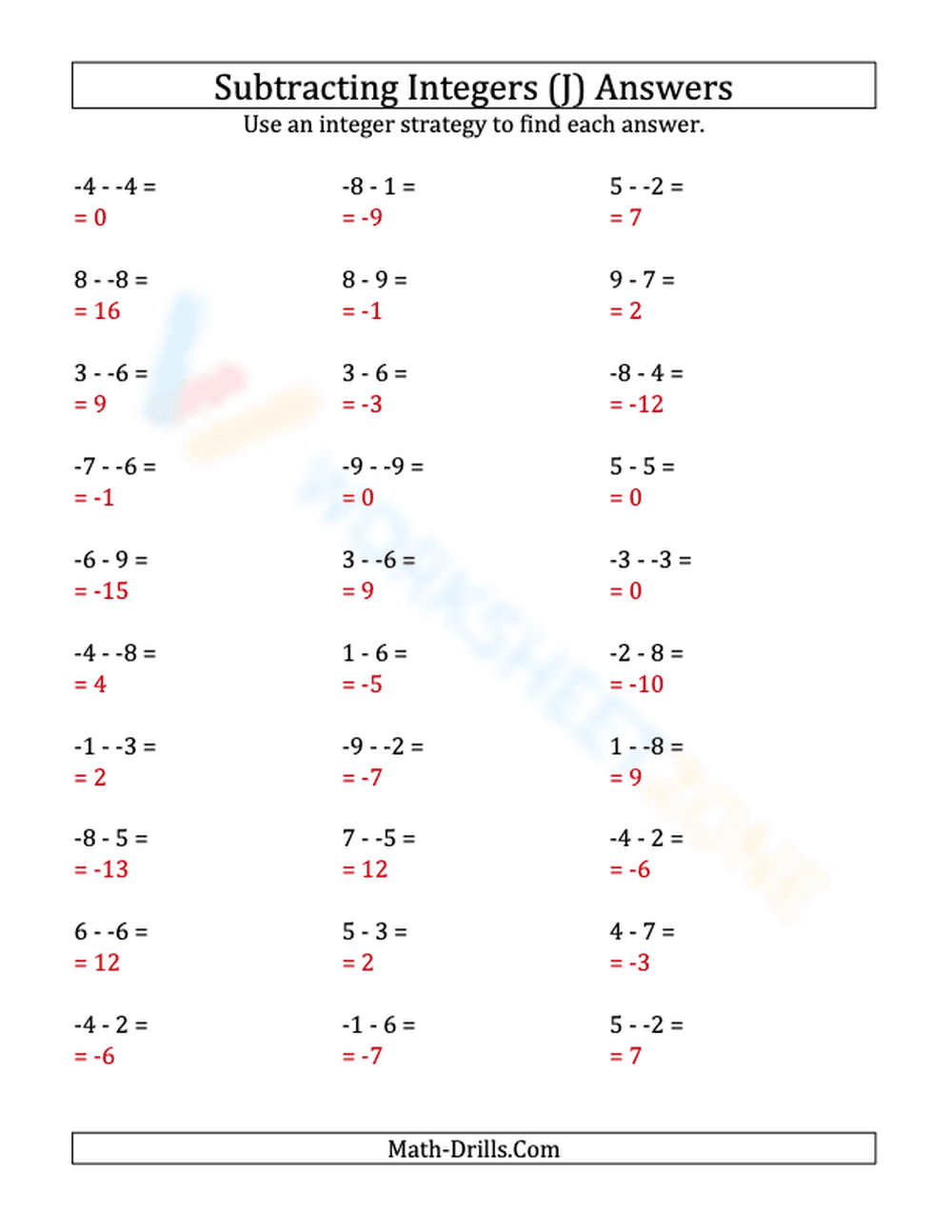 Subtracting Integers: Practice from -9 to 9 - Page 2