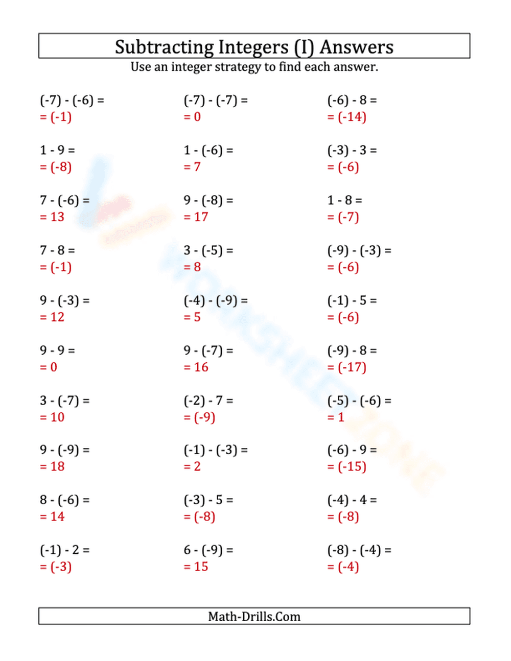 Subtract Negative Integers with Parentheses (-9 to 9) - Page 2