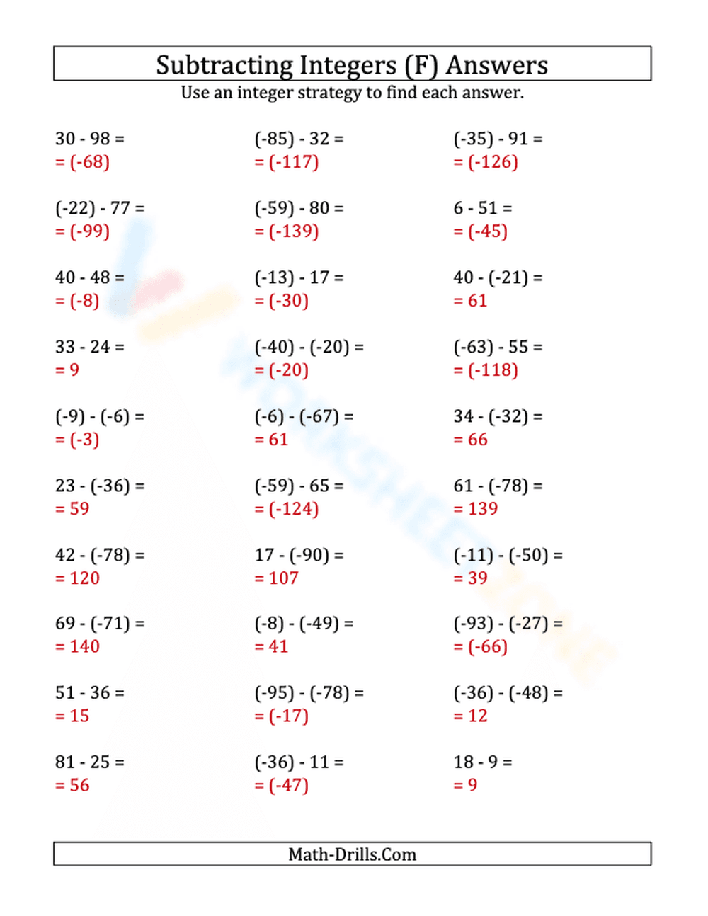 Subtract Negative Integers Worksheet (-99 to 99) - Page 2