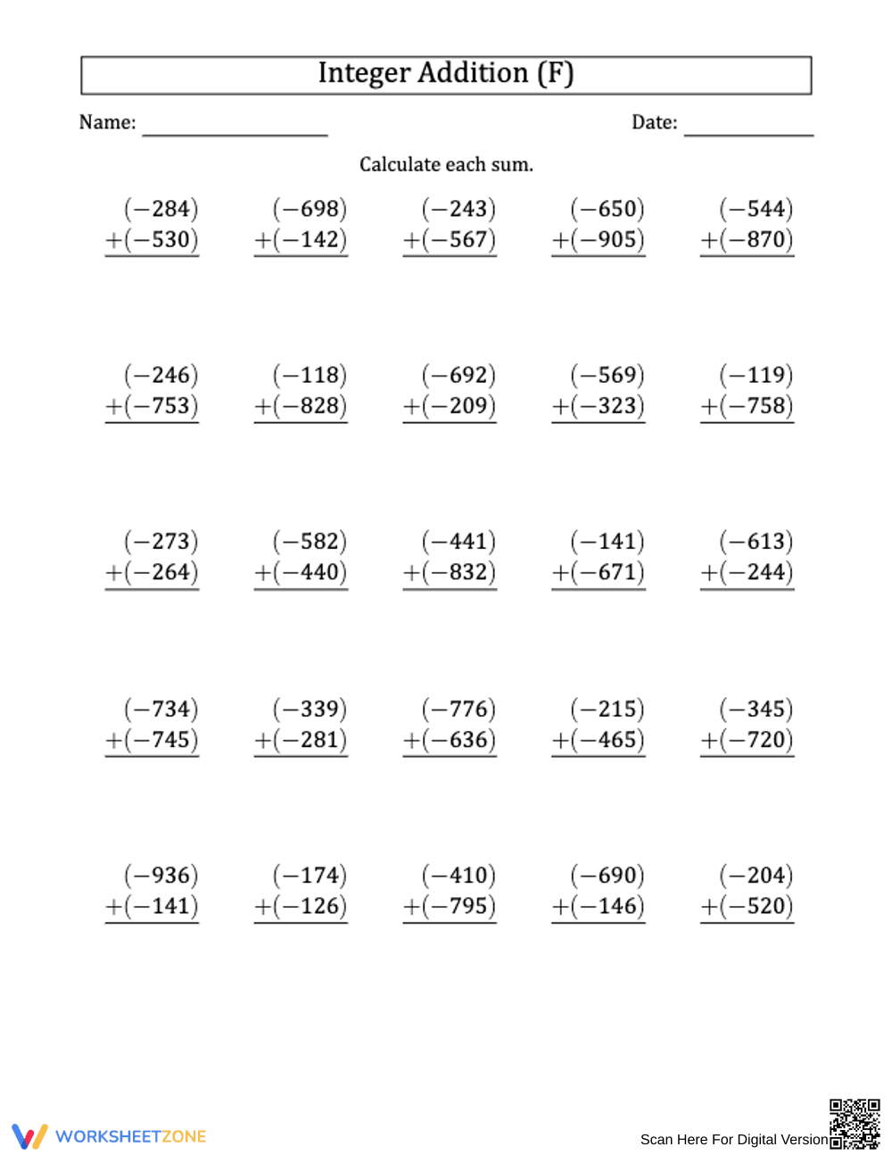 Printable 3-Digit Negative Integer Addition | Grade 5 - Page 2