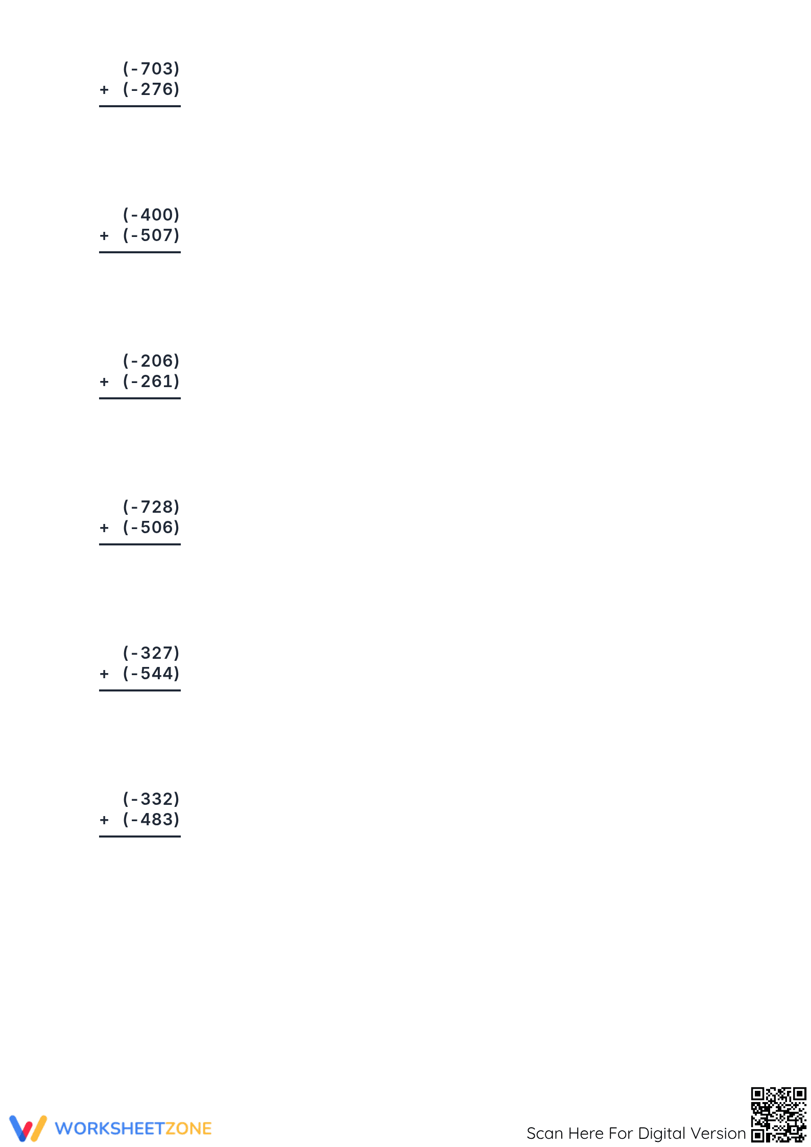 Essential Grade 7: 3-Digit Negative Integer Addition Worksheet - Page 2