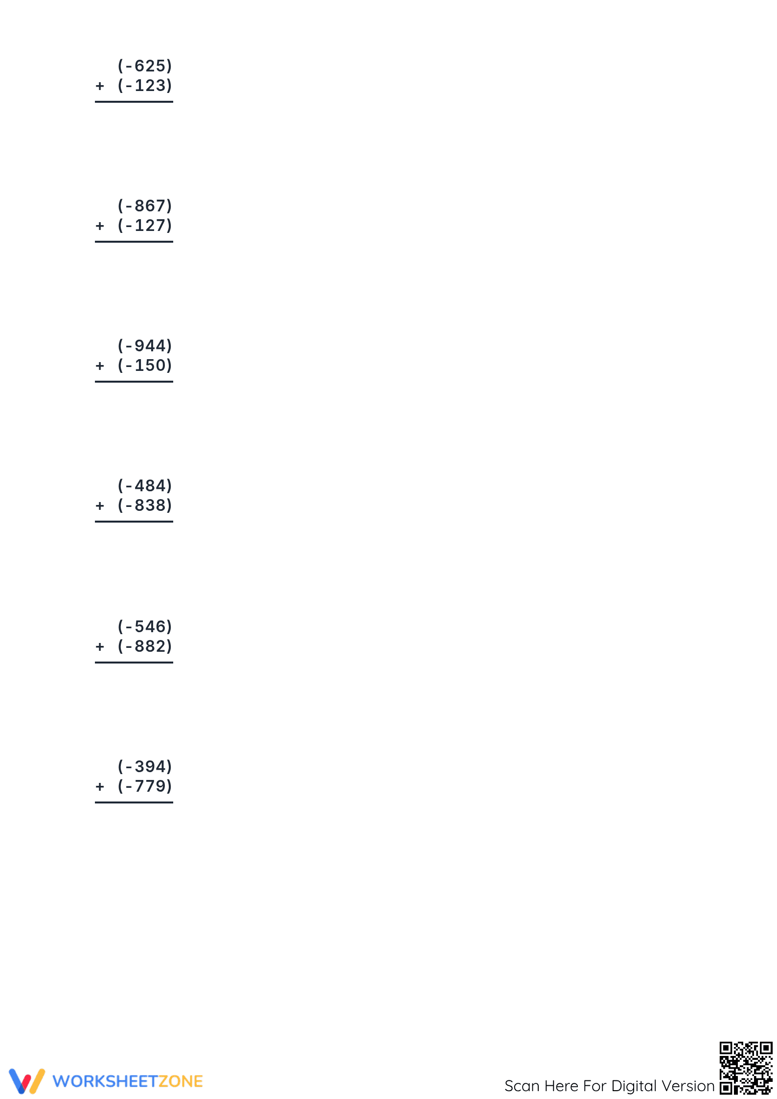 Essential Grade 7: 3-Digit Negative Integer Addition Worksheet - Page 3