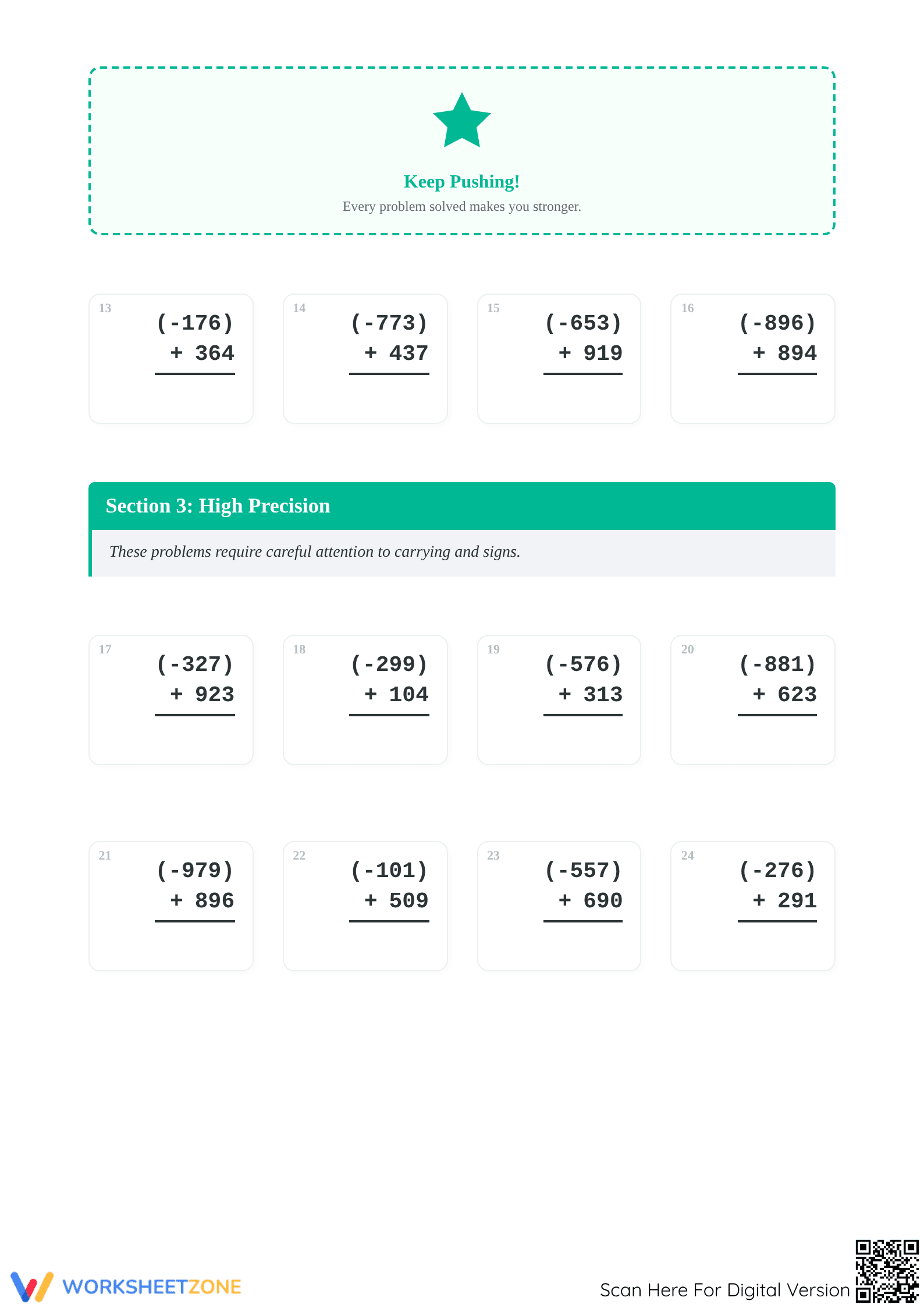 Essential 3-Digit Integer Vertical Addition Worksheet Grade 7 - Page 2