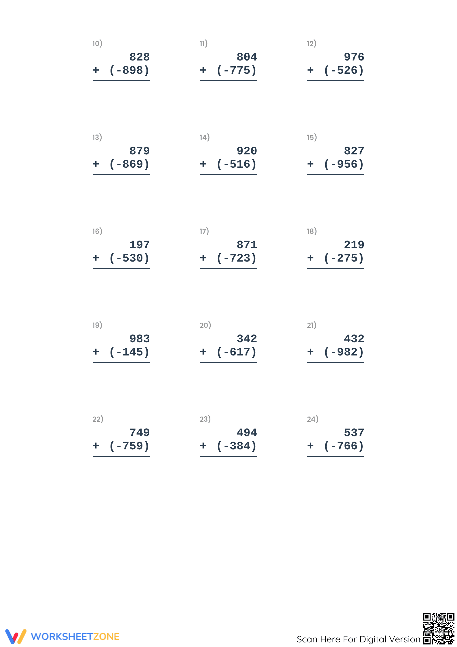 Vertical Integer Addition Worksheet | Grade 5 Essential - Page 2
