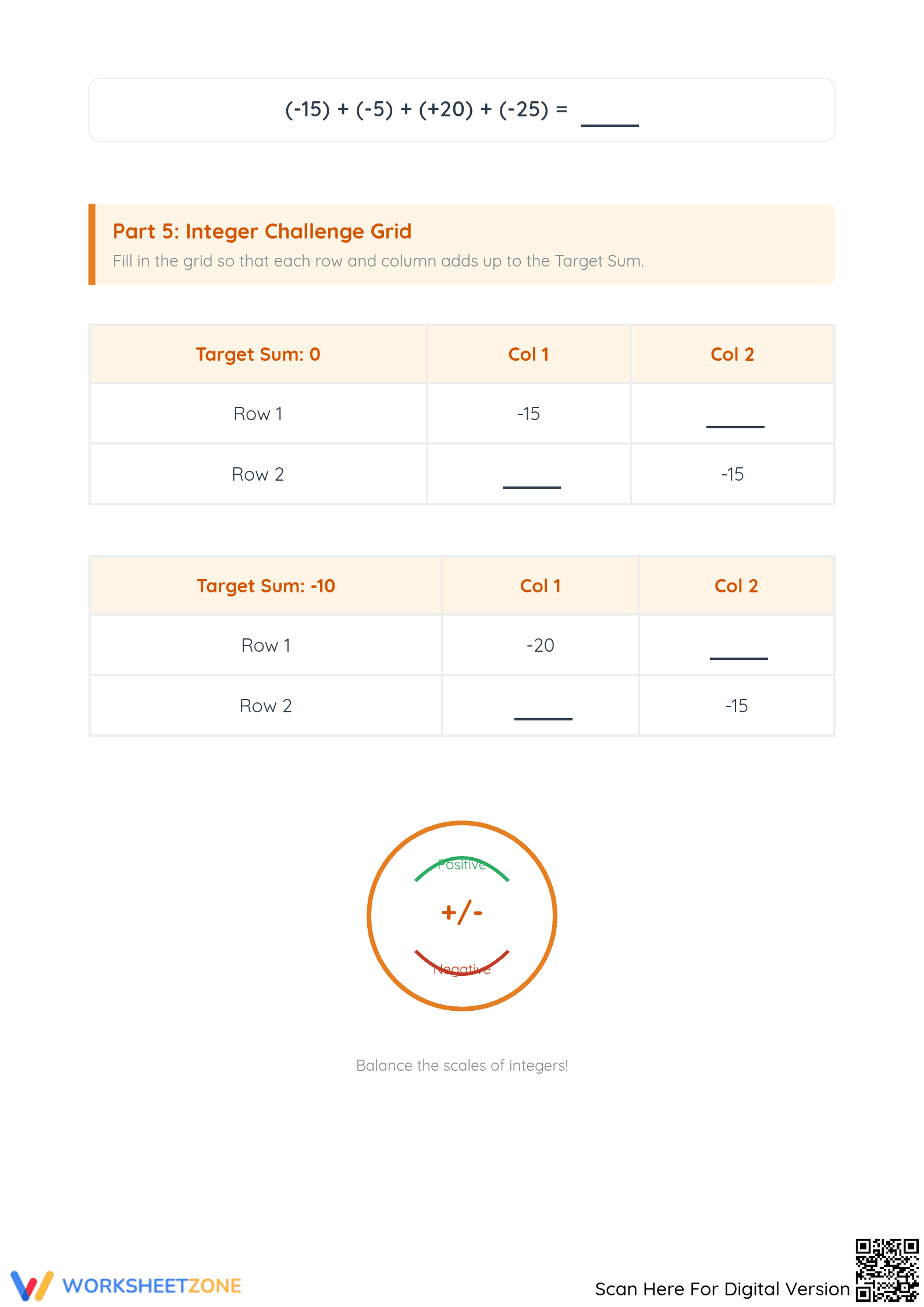 Printable Grade 5 Adding Integers Worksheet | Level 2 - Page 3